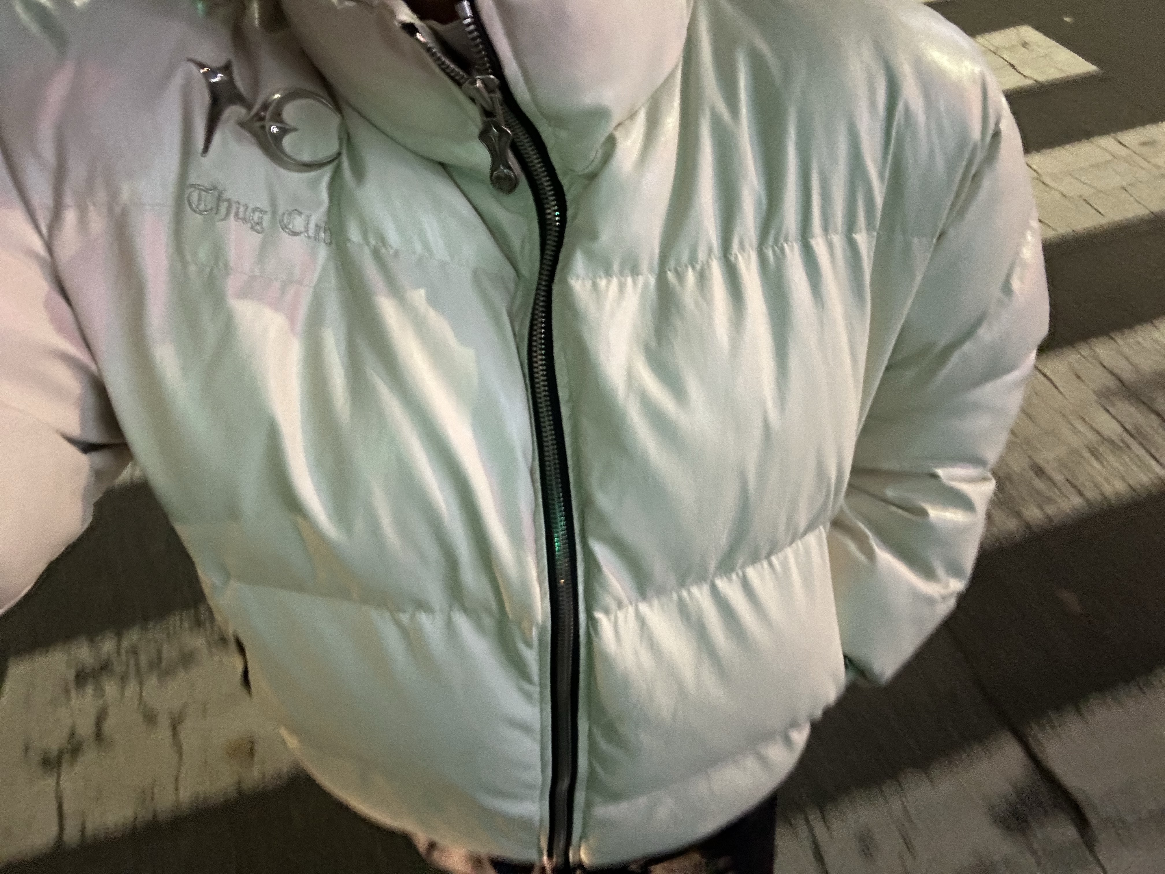 Thug Club Leather Puffer Jacket White (Polyester) 착용 스타일