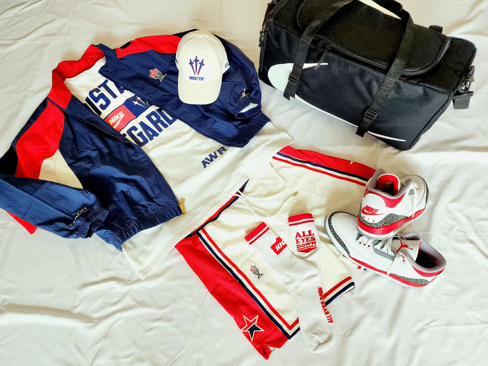 Nike NRG AW84 USA Camp Cap, Jordan x Trophy Room Wooven Jacket Midnight Navy - US/EU 착용 스타일 - 2