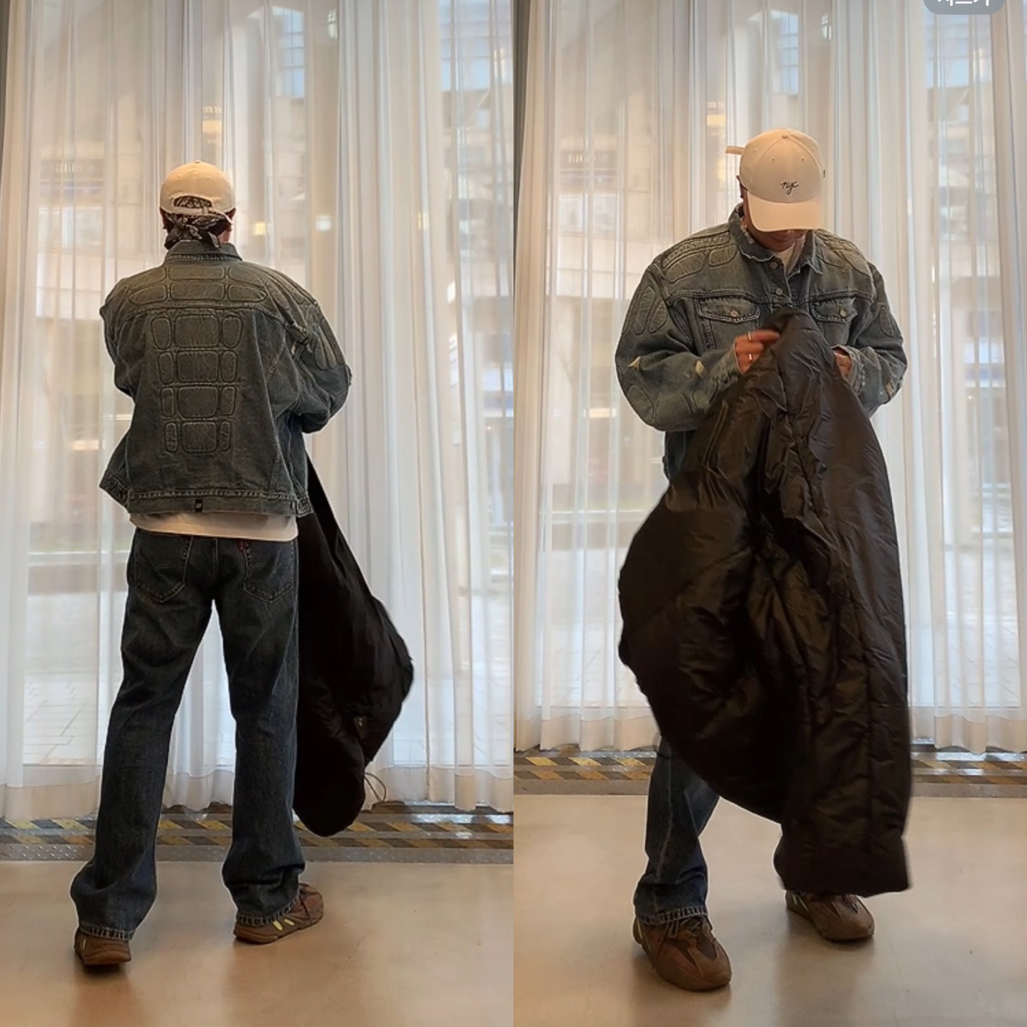 Yeezy Gap Engineered By Balenciaga Padded Denim Jacket Blue, Yeezy Gap Engineered By Balenciaga Round Jacket 2 Black 착용 스타일 - 2