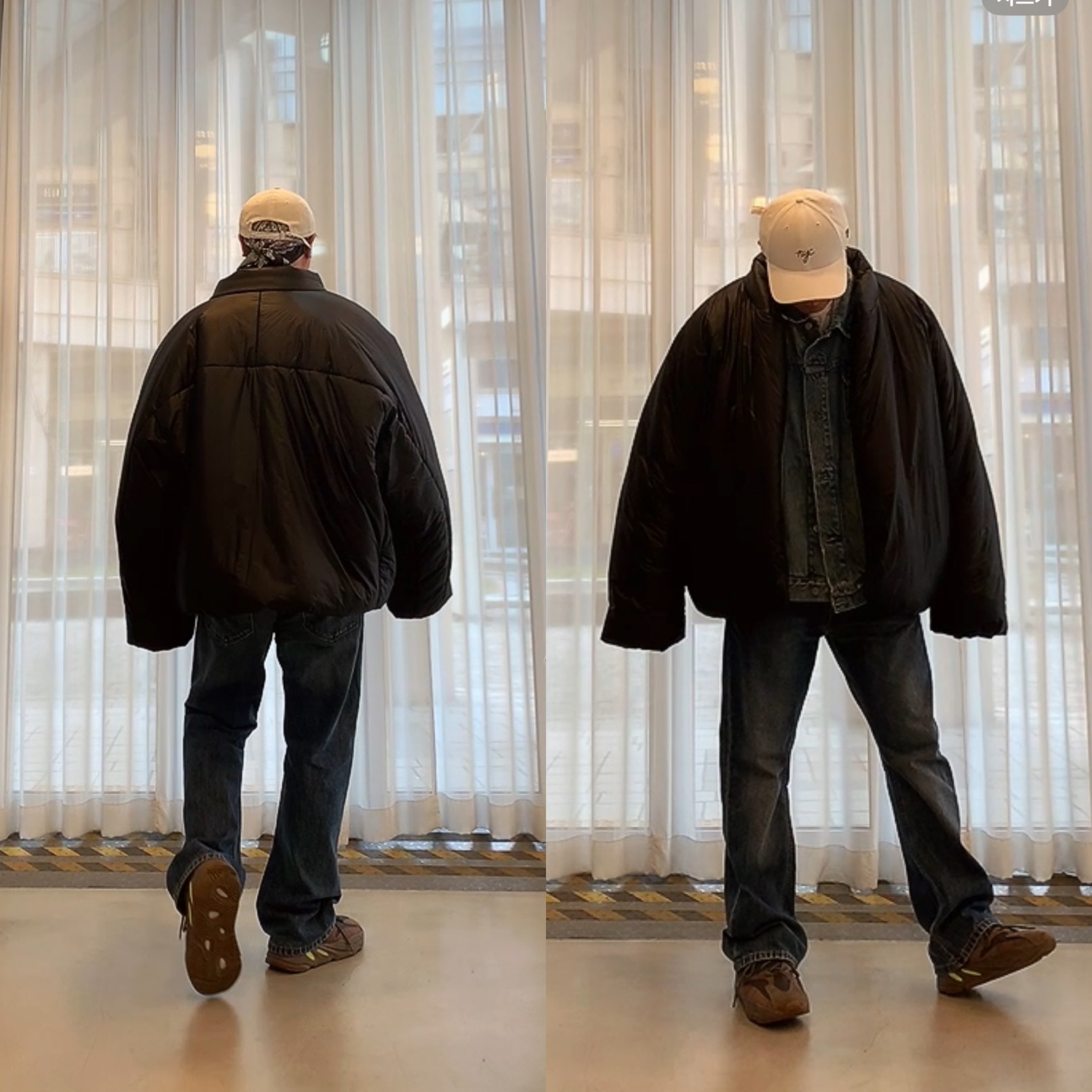 Yeezy Gap Engineered By Balenciaga Padded Denim Jacket Blue, Yeezy Gap Engineered By Balenciaga Round Jacket 2 Black 착용 스타일 - 1