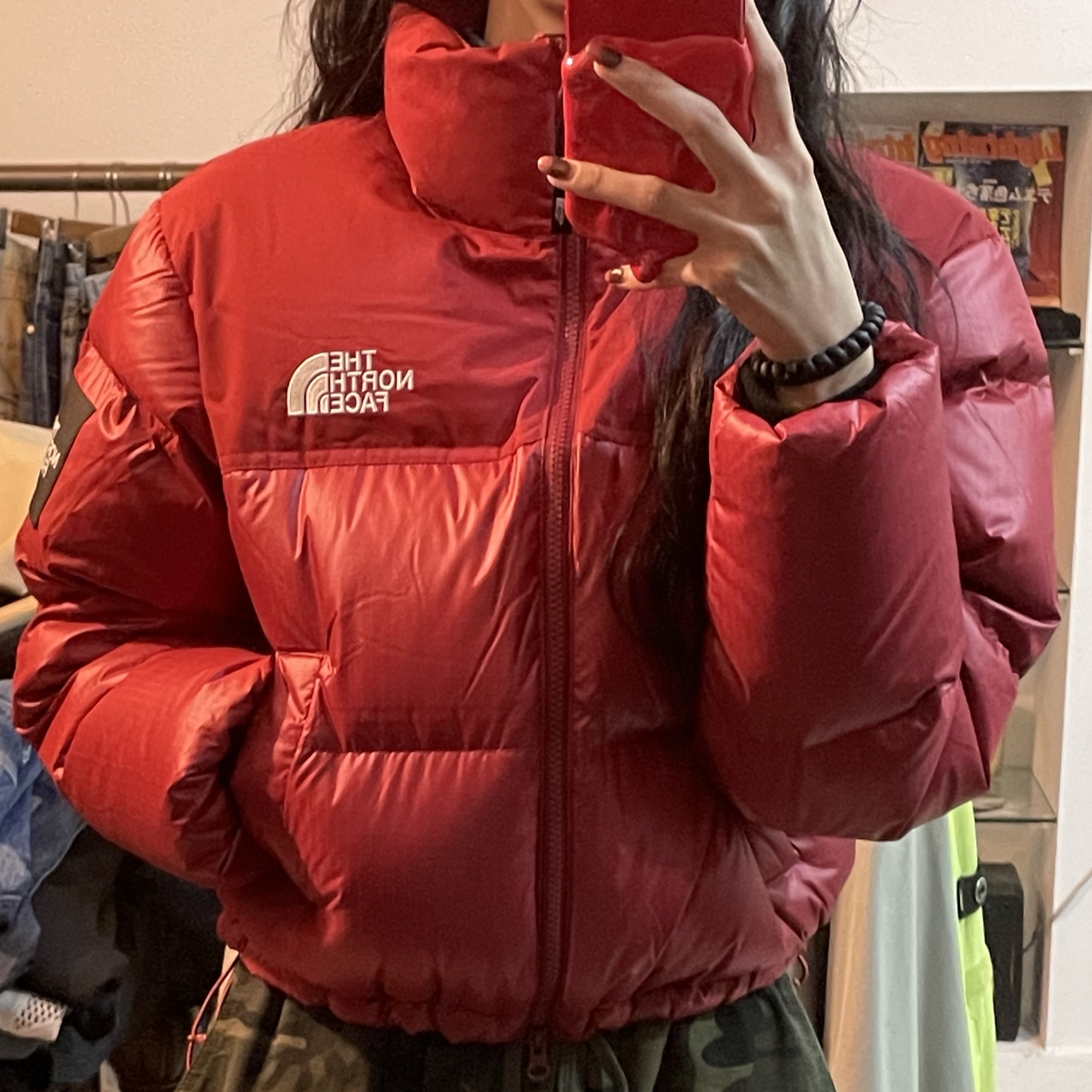 (W) The North Face White Label Novelty Nuptse Down Jacket Dark Red 착용 스타일