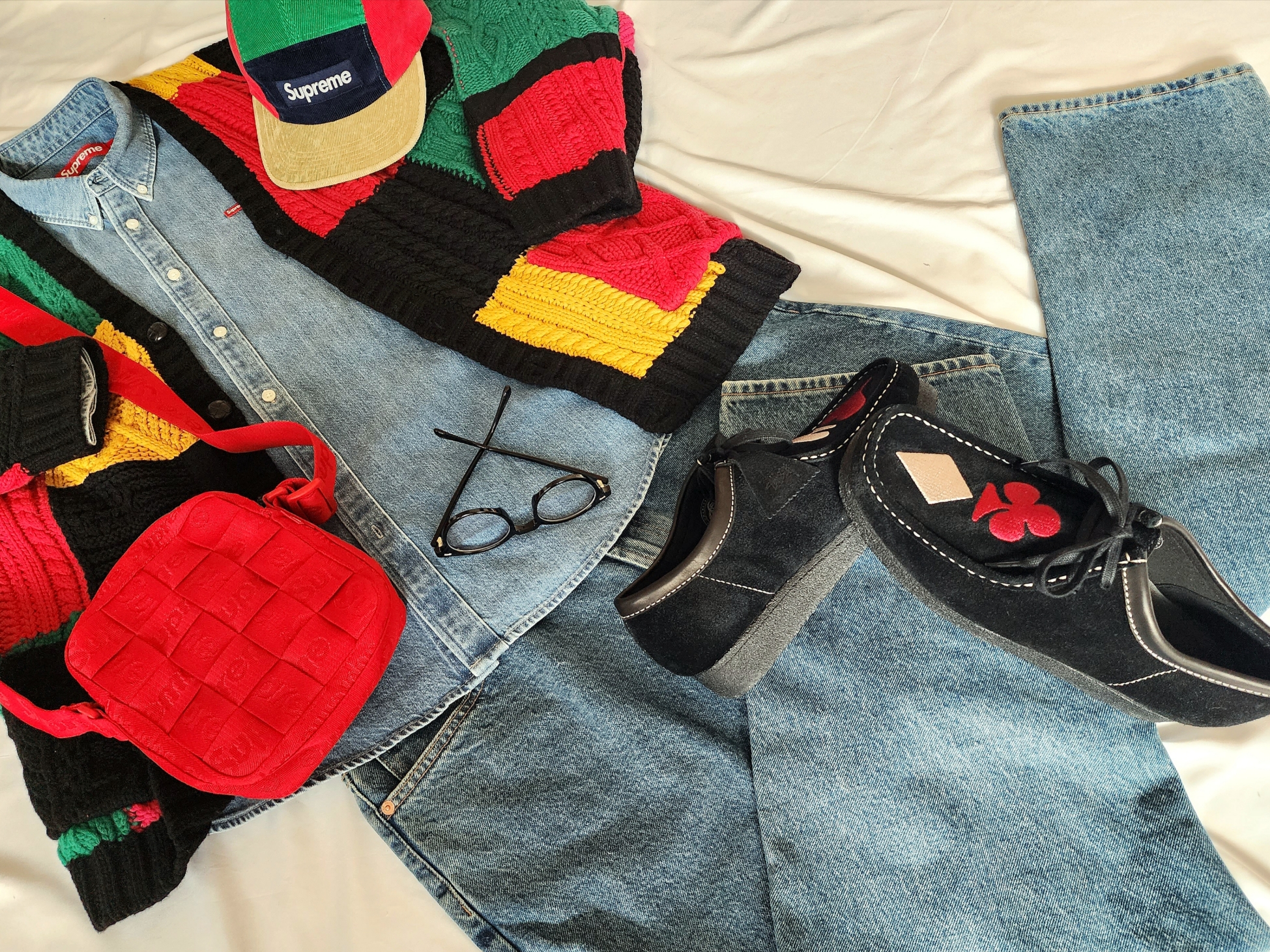 Supreme Corduroy Camp Cap Multicolor - 23FW, Supreme Patchwork Cable Knit Cardigan Black - 23FW 착용 스타일 - 2