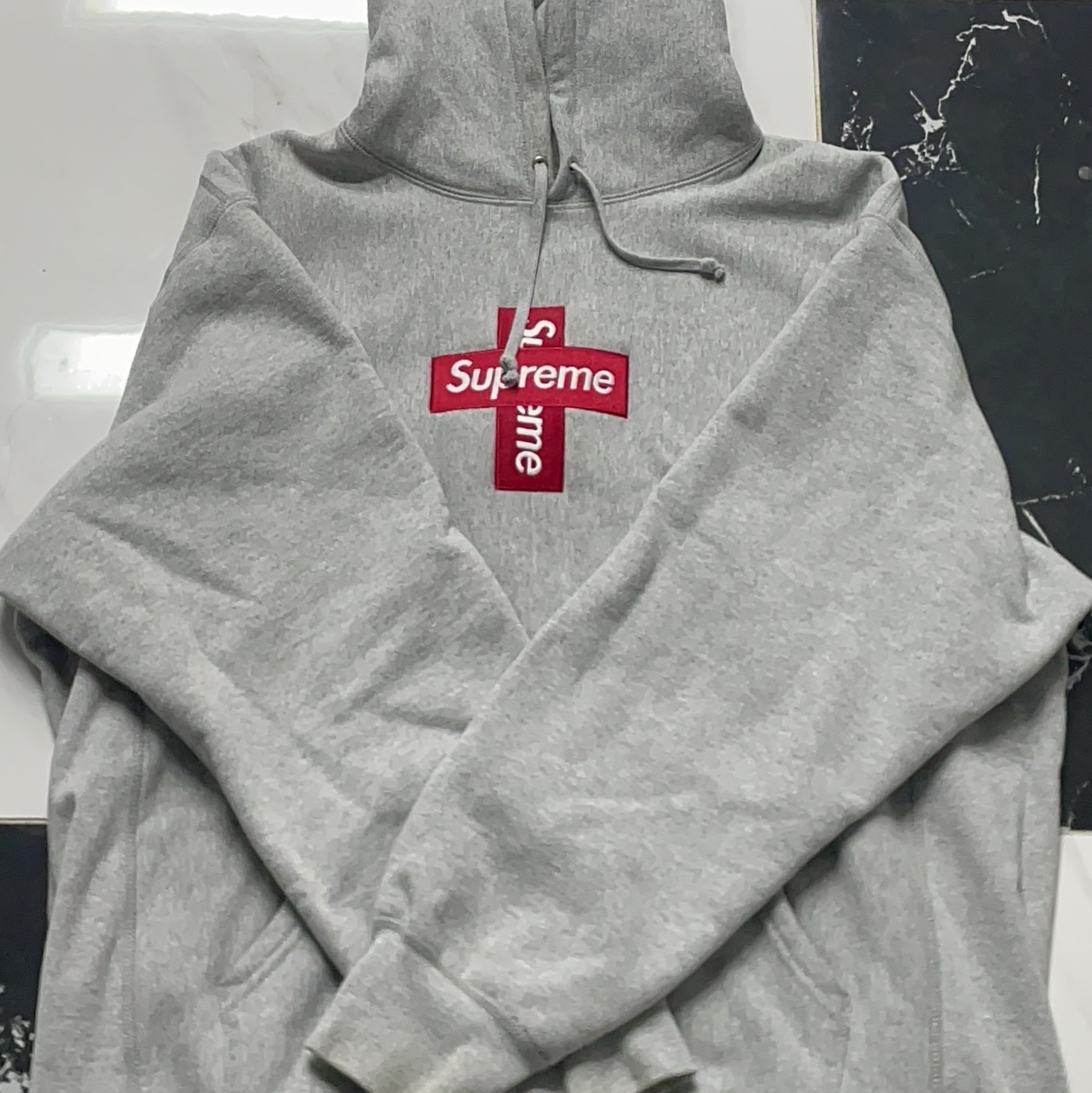 Supreme Cross Box Logo Hooded Sweatshirt Heather Grey - 20FW 착용 스타일