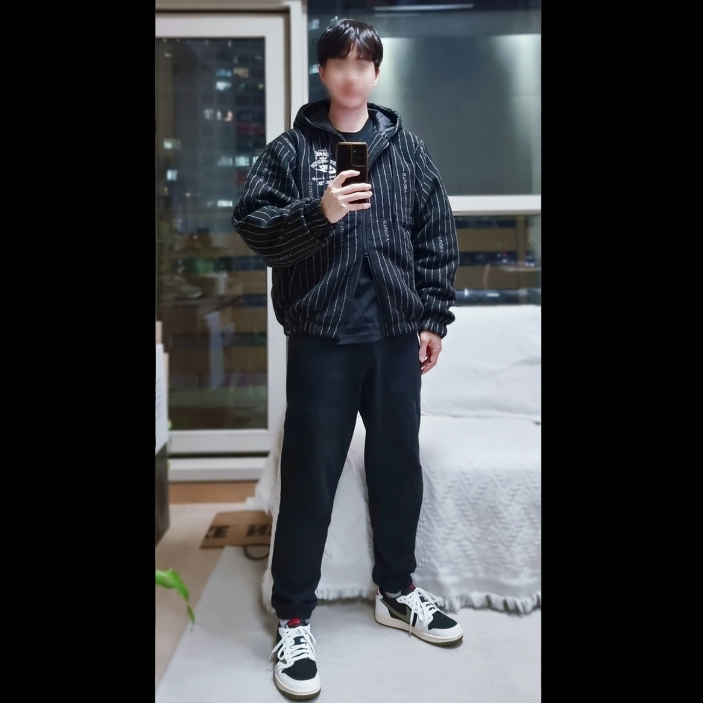 (W) Jordan 1 x Travis Scott Retro Low OG SP Medium Olive, Nike x Stussy NRG Striped Wool Jacket Black (DR4023-010) 착용 스타일