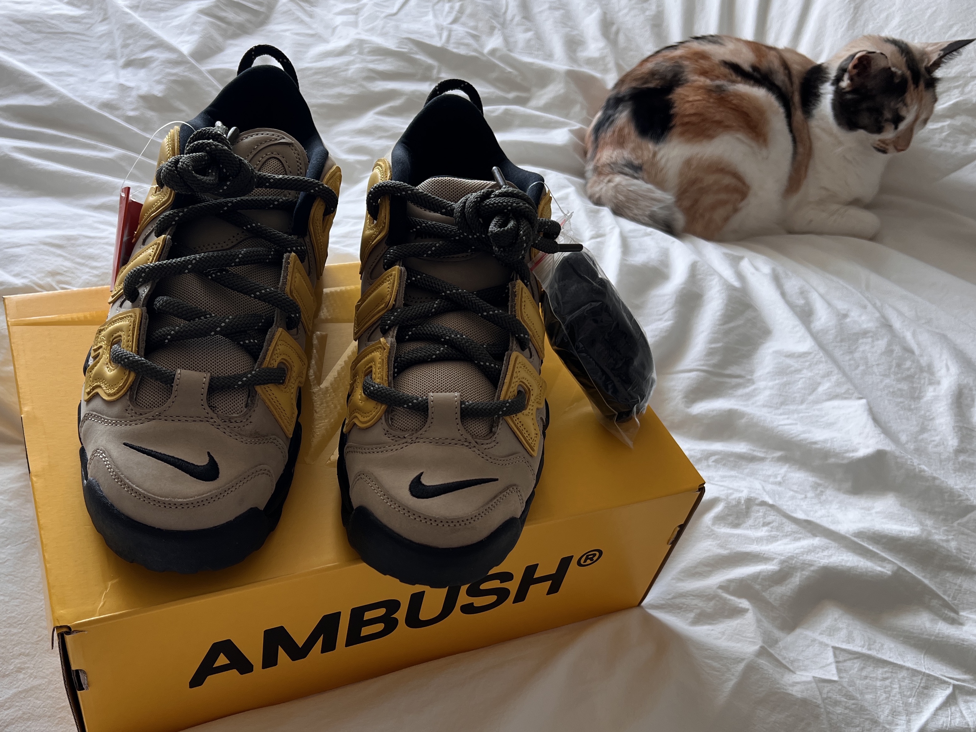 Nike x Ambush Air More Uptempo Low Vivid Sulfur and Limestone 착용 스타일 - 2