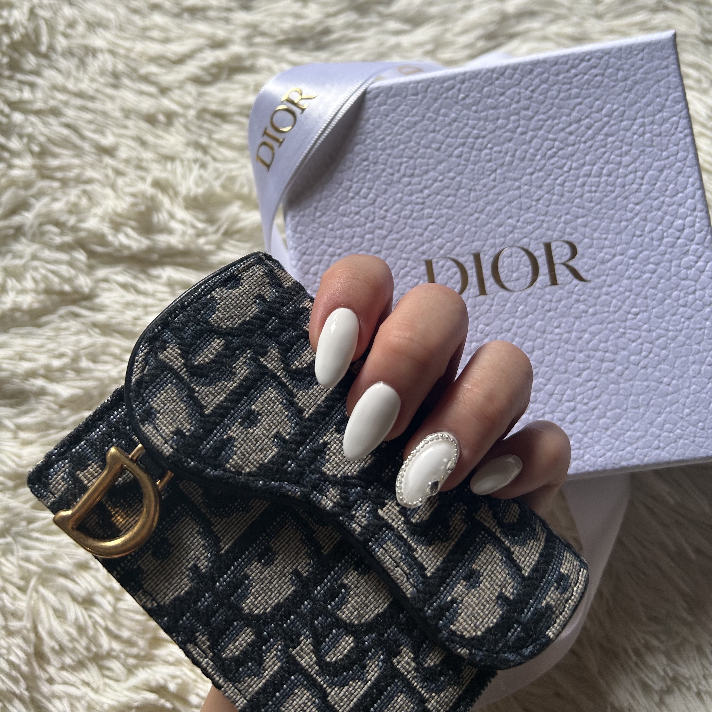 Dior Saddle Flap Card Holder Blue Dior Oblique Jacquard 착용 스타일