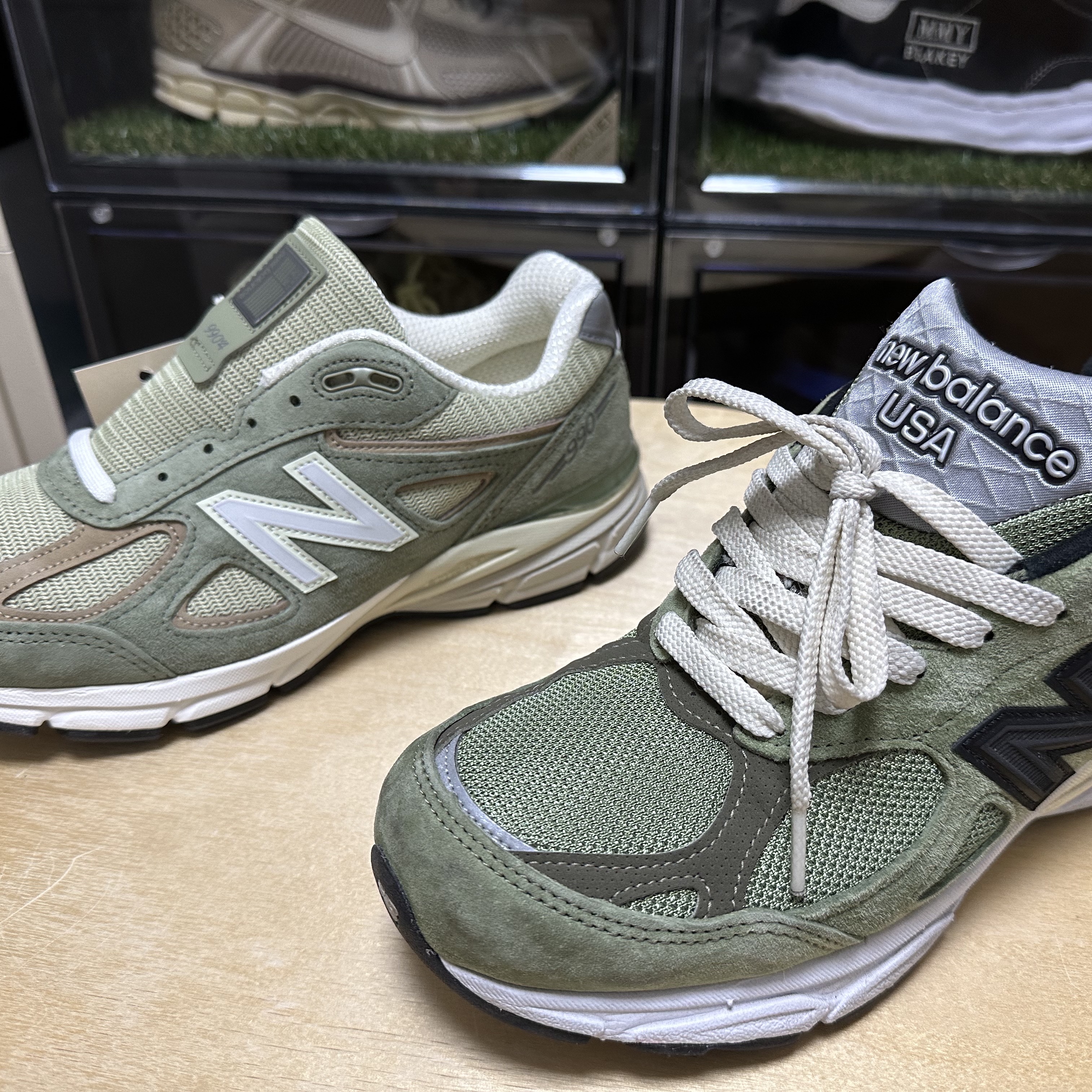 New Balance 990v4 Made in USA Olive Incense, New Balance x JJJJound 990v3 Olive 착용 스타일 - 1