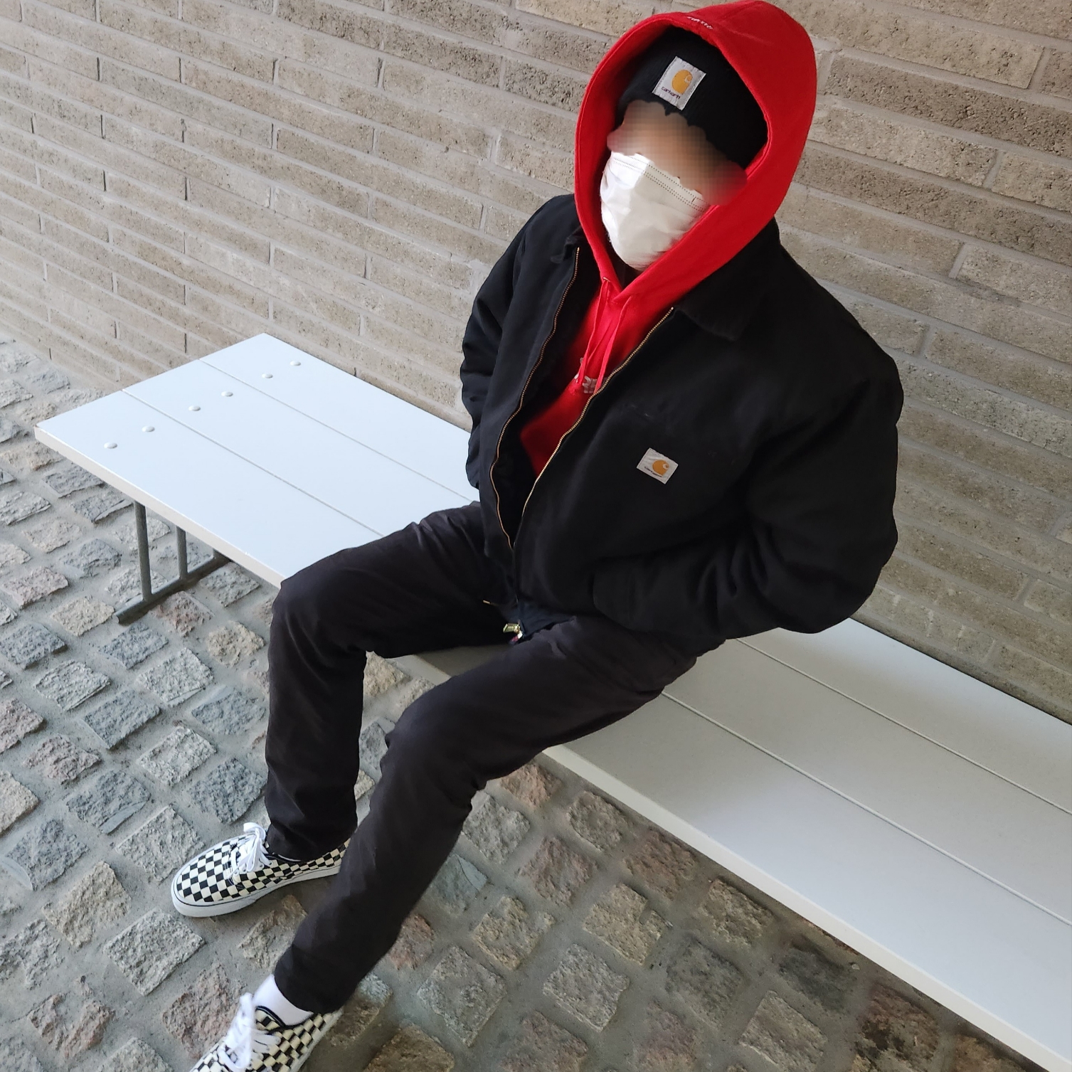 Carhartt WIP Organic Cotton Dearborn Canvas OG Detroit Jacket Black Aged Canvas - Winter, Vans Authentic Golden Coast Checkerboard 착용 스타일 - 1