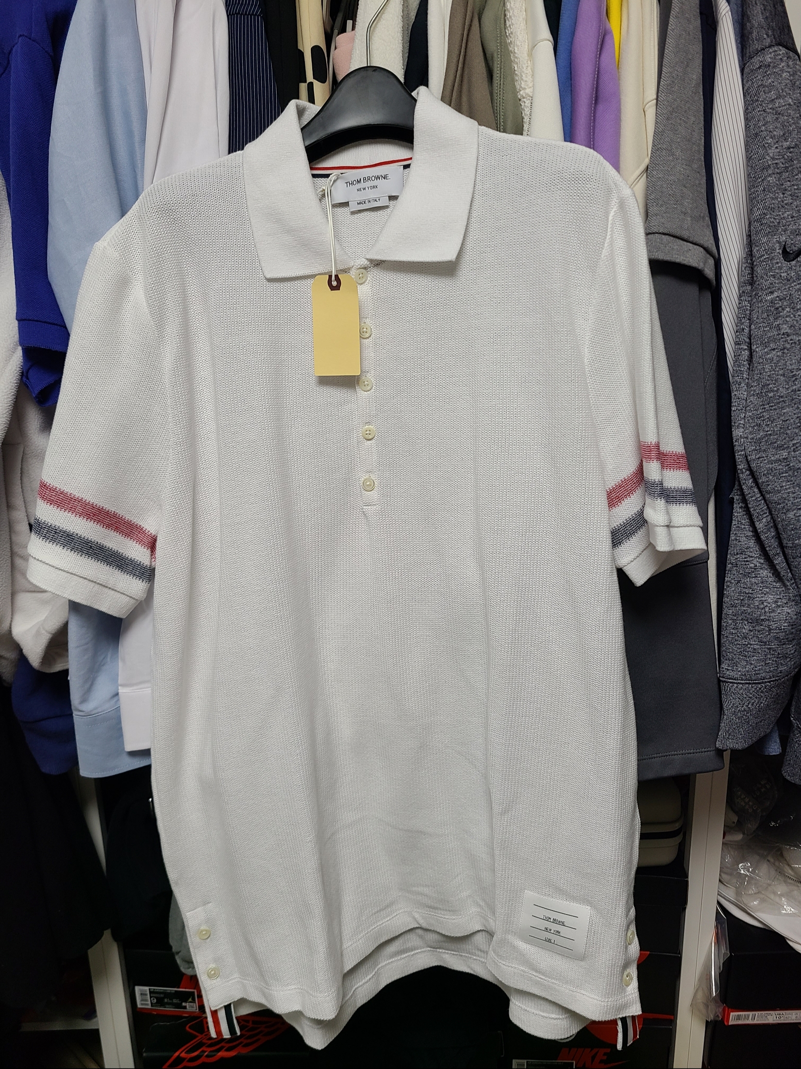 Thom Browne RWB Stripe Cotton Polo Shirt White 착용 스타일