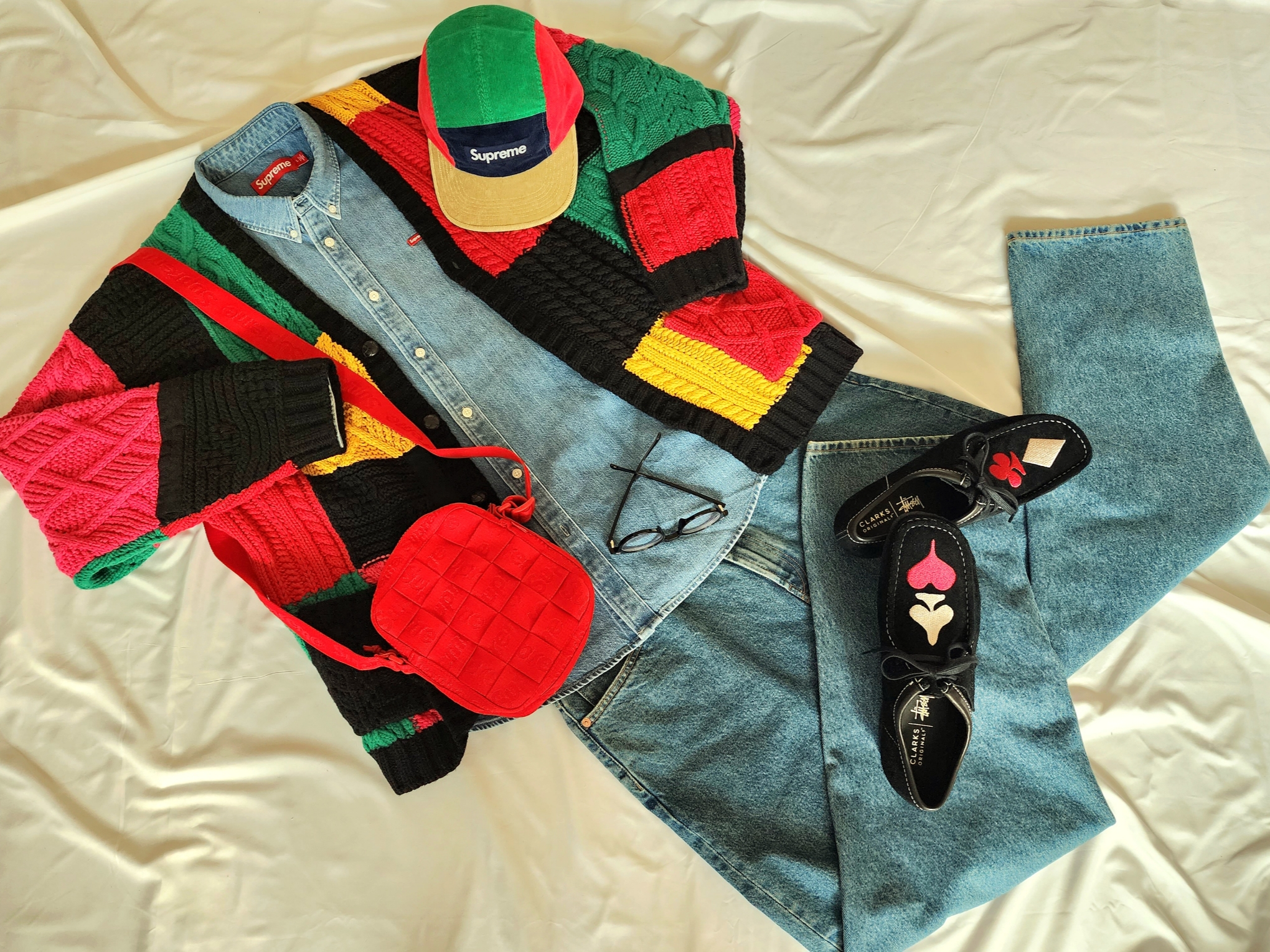 Supreme Corduroy Camp Cap Multicolor - 23FW, Supreme Patchwork Cable Knit Cardigan Black - 23FW 착용 스타일 - 1