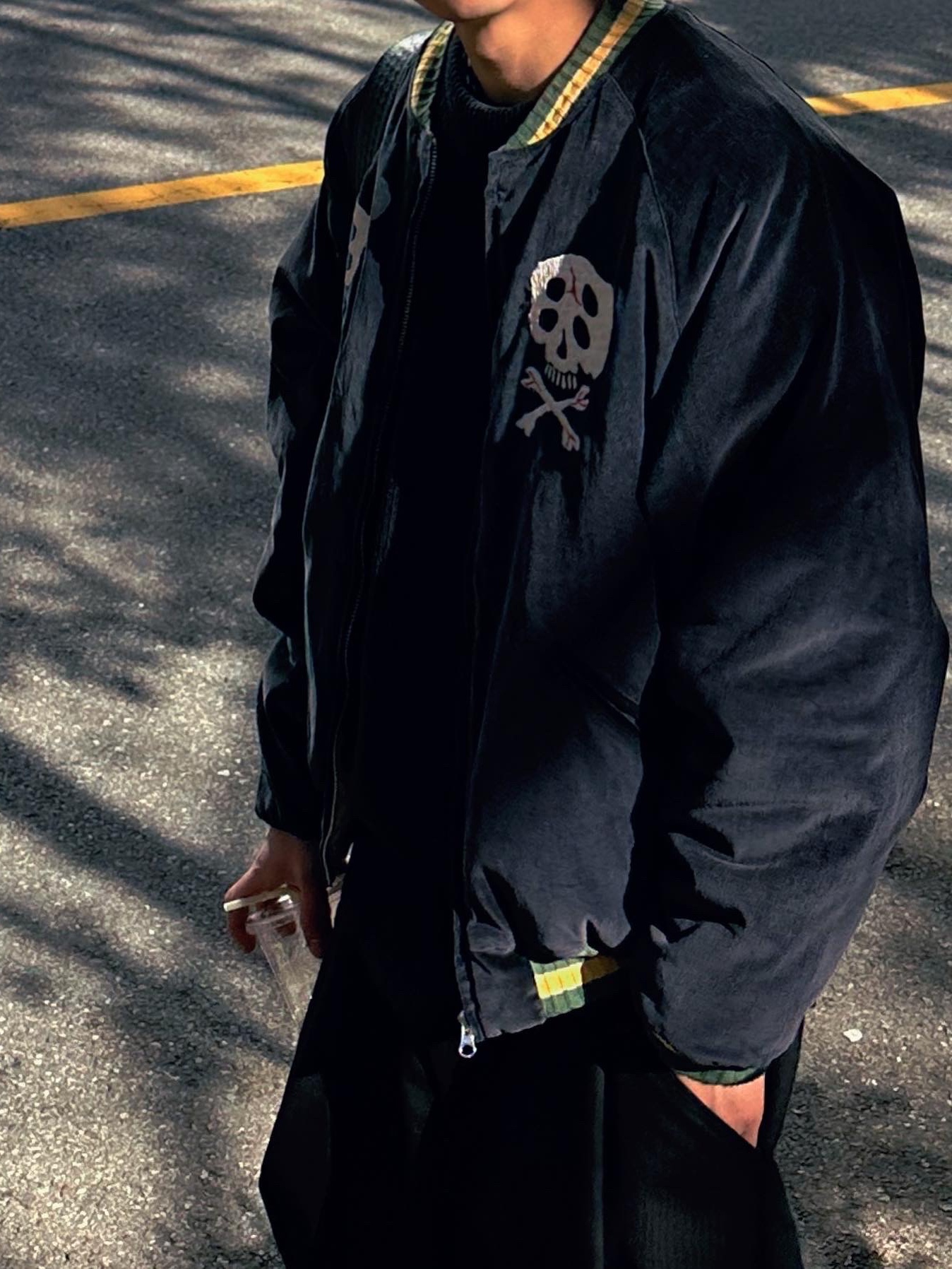 Kapital Velveteen Sulfide Souvenir Rain Skull Jacket Black 착용 스타일 - 3