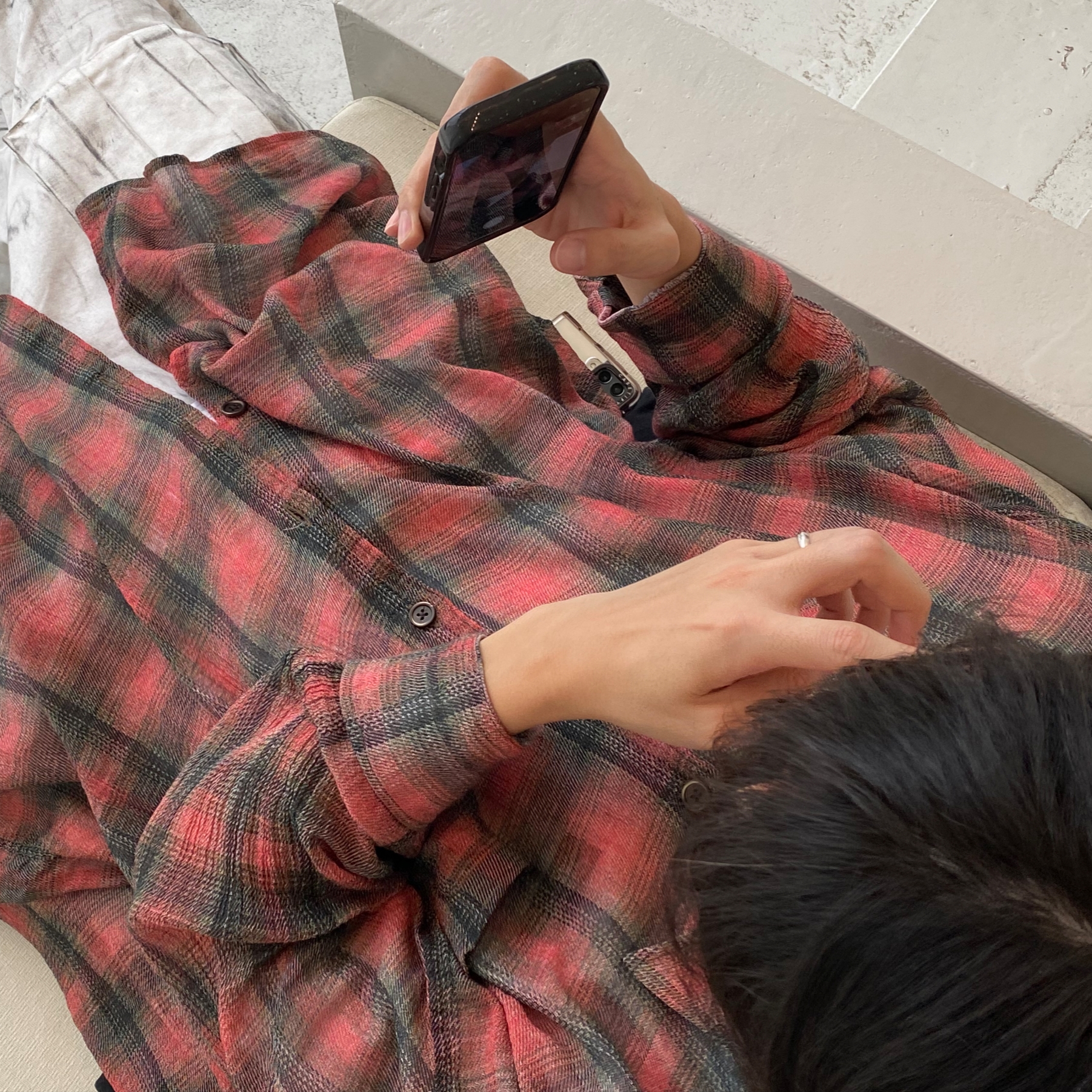 Our Legacy Borrowed Shirt Big Lumbercheck Print, Nos Couleurs 01 Cargo Pants Dirty Washing 착용 스타일 - 3