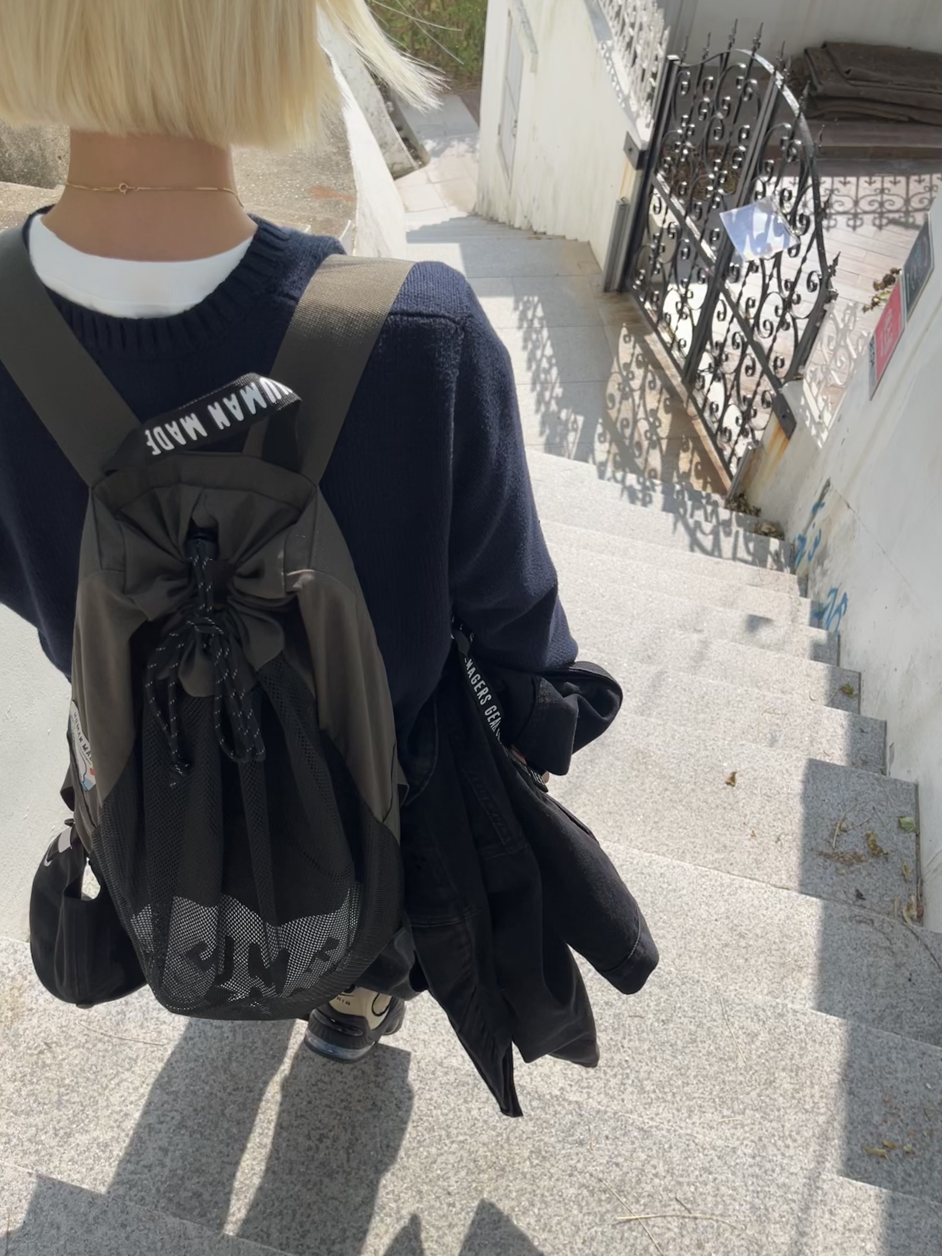 Nike x Stussy Air Penny II Rattan and Limestone, Human Made Drawstring Backpack Olive Drab 착용 스타일 - 4