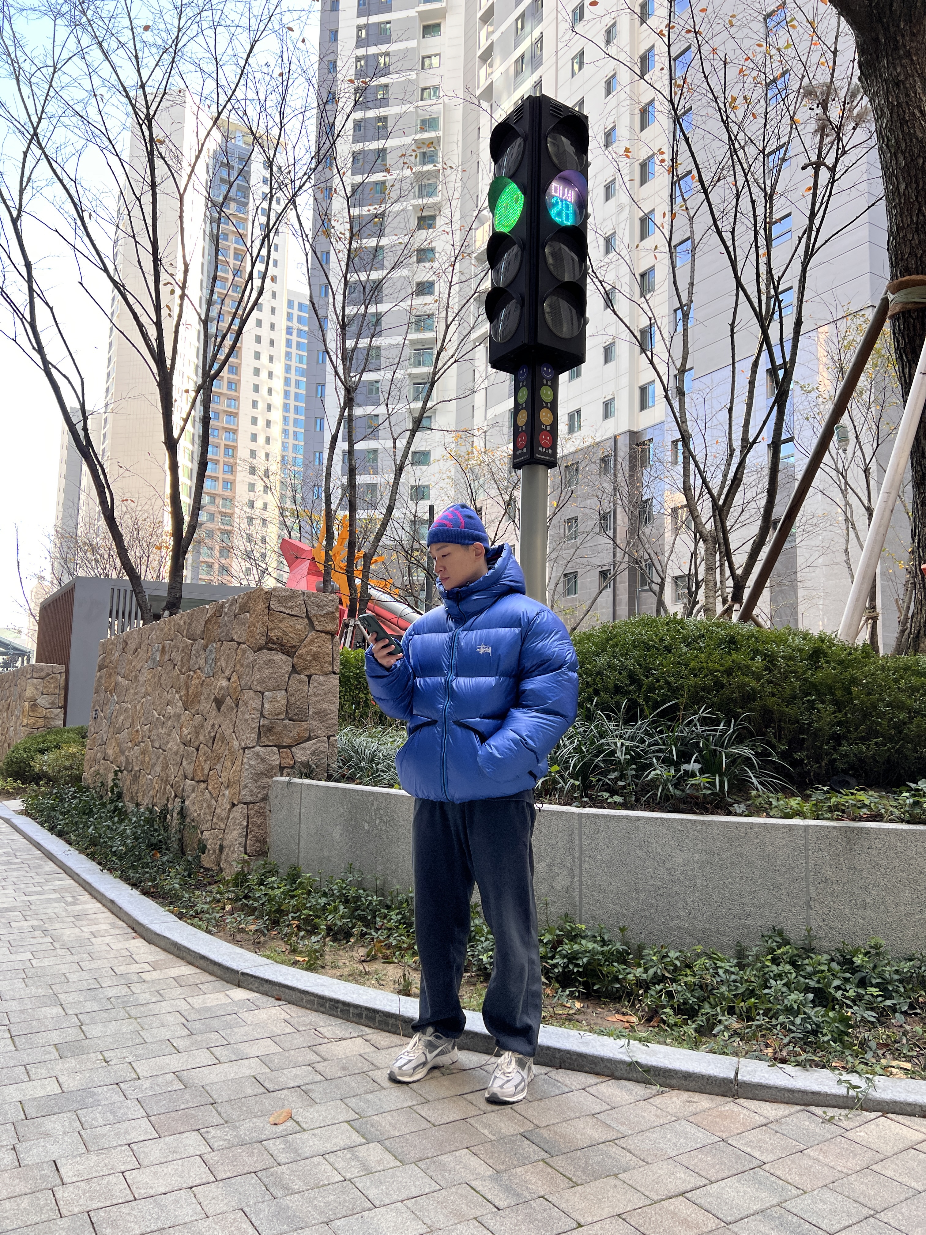 Stussy Down Parka Micro Ripstop Royal Blue, Stussy Big Link Cuff Beanie Navy 착용 스타일