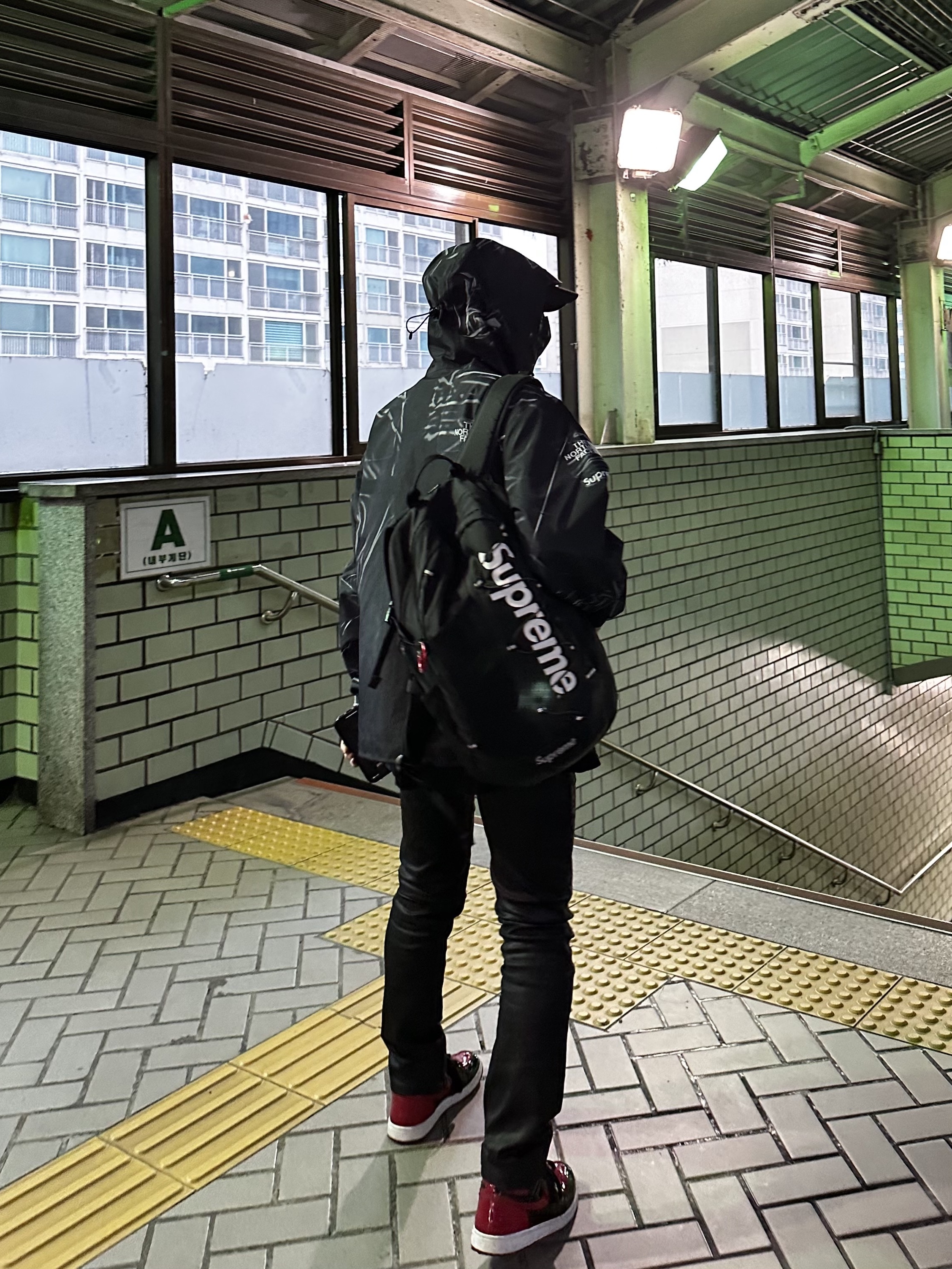Supreme x The North Face Trompe L’oeil Printed Taped Seam Shell Jacket Black - 23SS, Jordan 1 Retro High OG Patent Bred 착용 스타일
