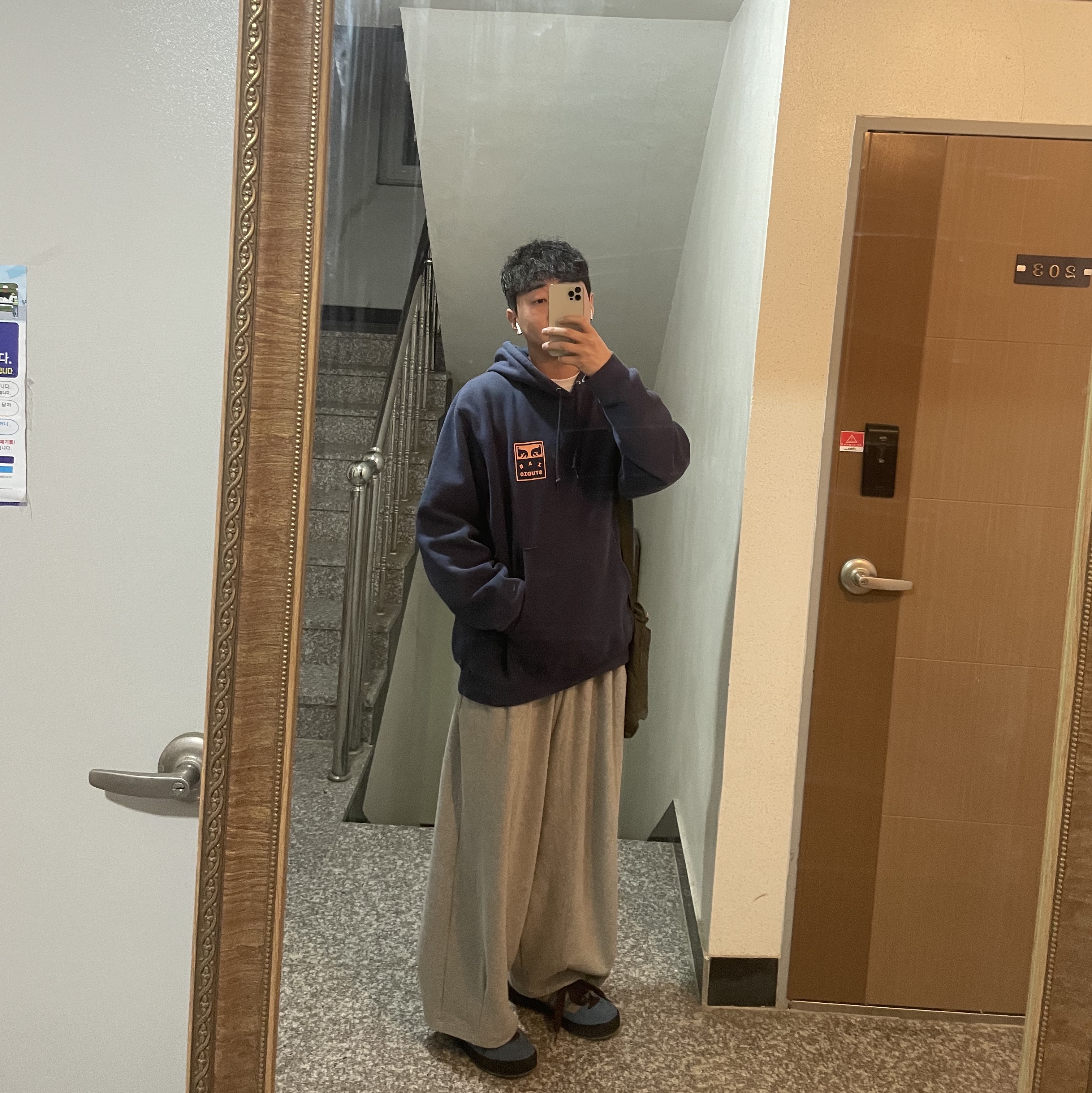 IAB Studio x Obey Eyes Icon Hoodie Oceana, Adidas Adimatic Phantone 착용 스타일