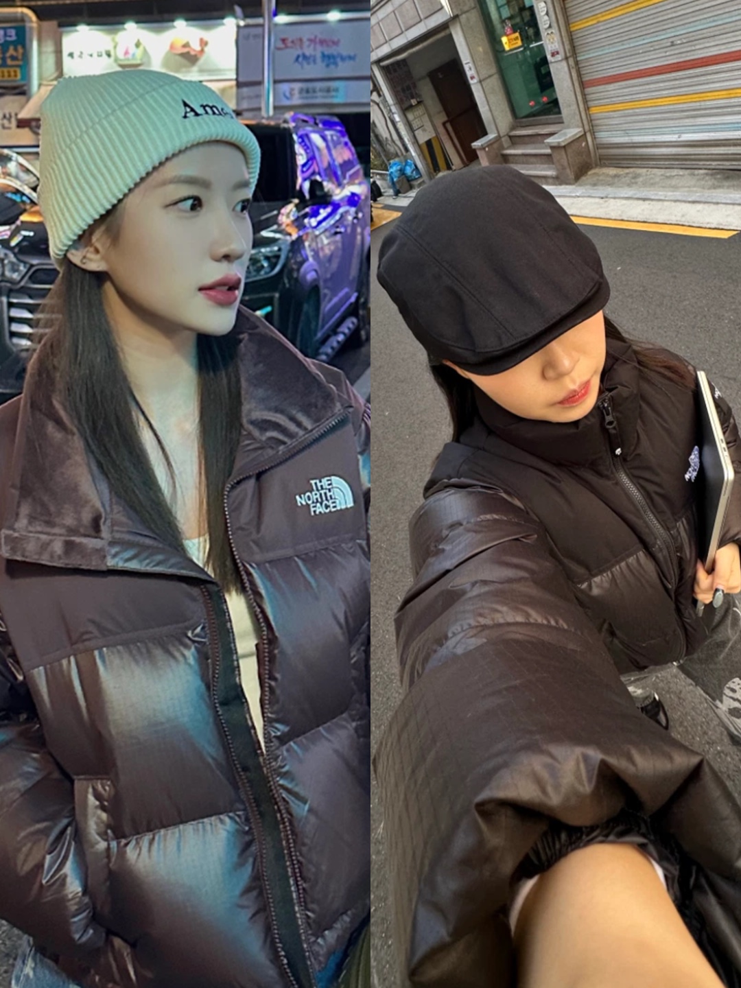 (W) The North Face White Label Novelty Nuptse Down Jacket Cocoa Brown, (W) The North Face White Label Novelty Nuptse Down Jacket Black 착용 스타일 - 2