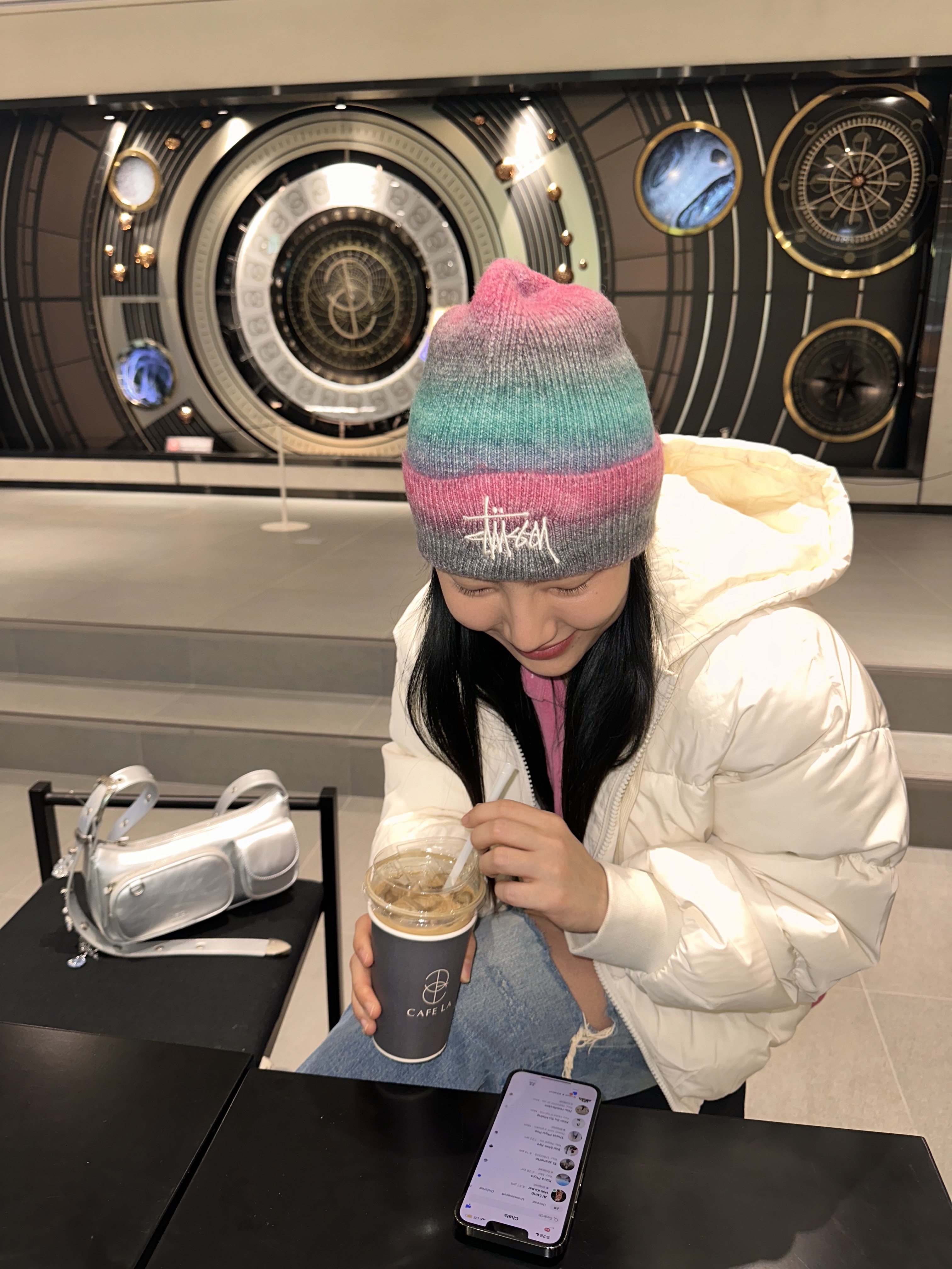 Stussy Cuff Beanie Spray Stripe Teal Multi 착용 스타일 - 2