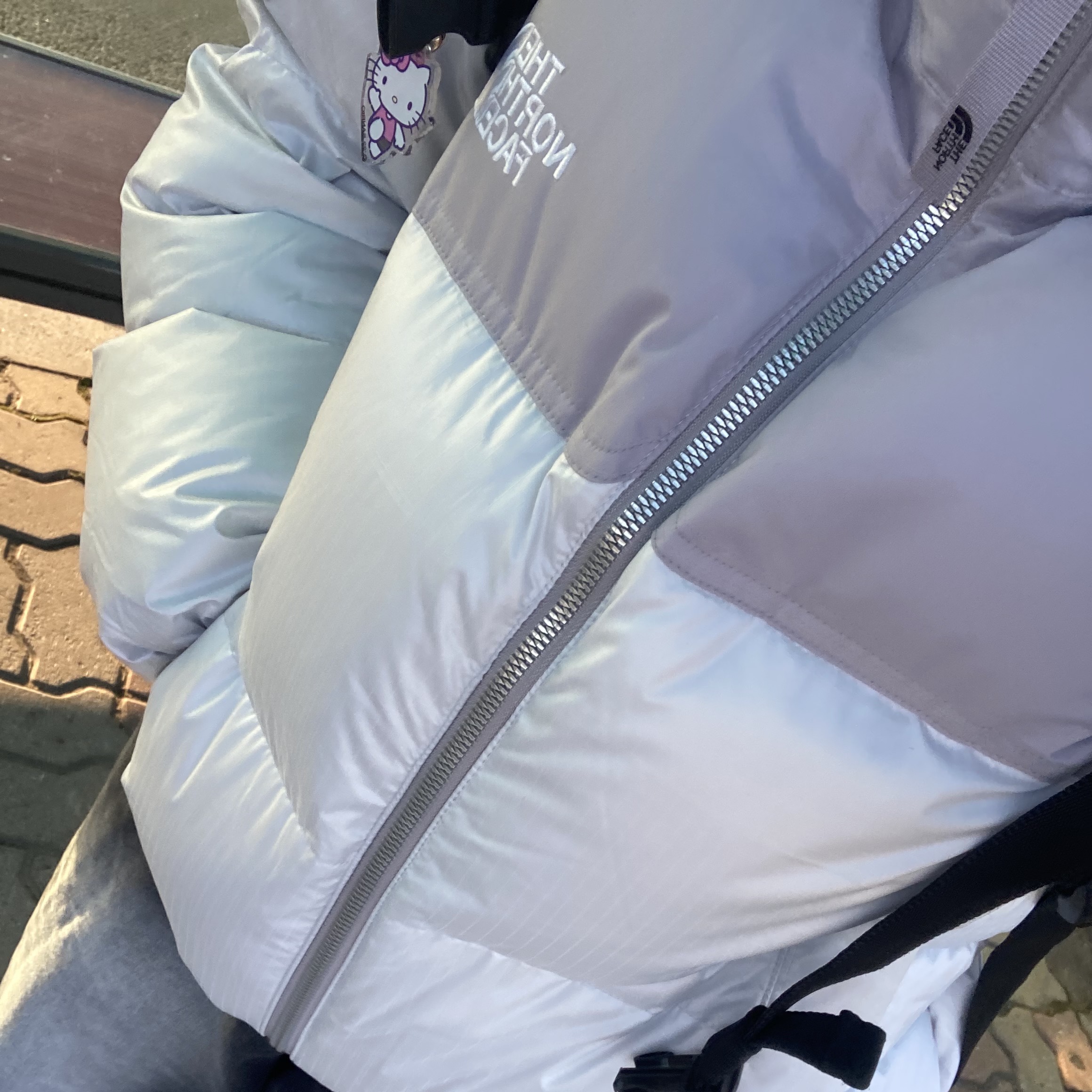 (W) The North Face White Label Novelty Nuptse Down Jacket Ice Gray 착용 스타일