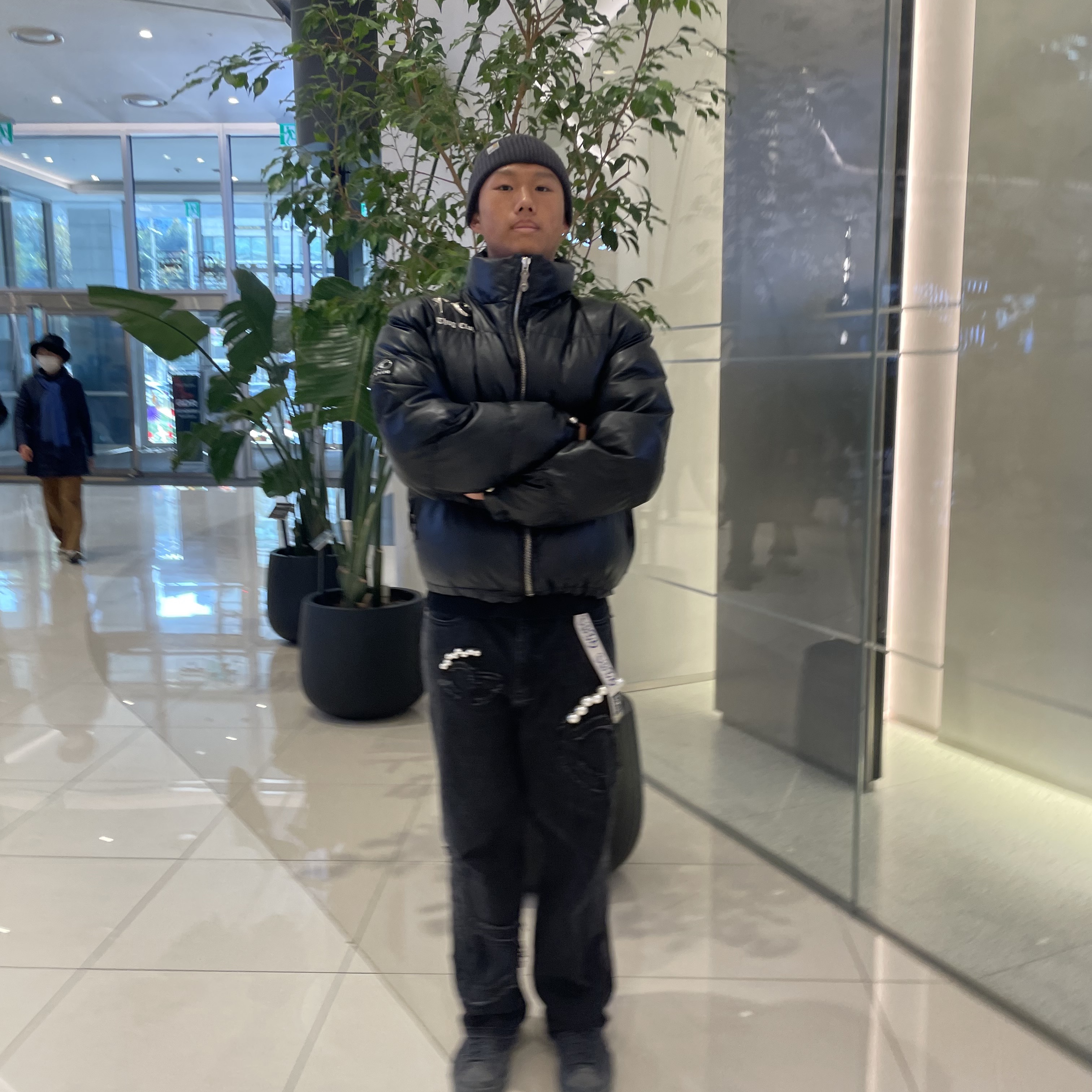 Thug Club Leather Puffer Jacket Purple 착용 스타일