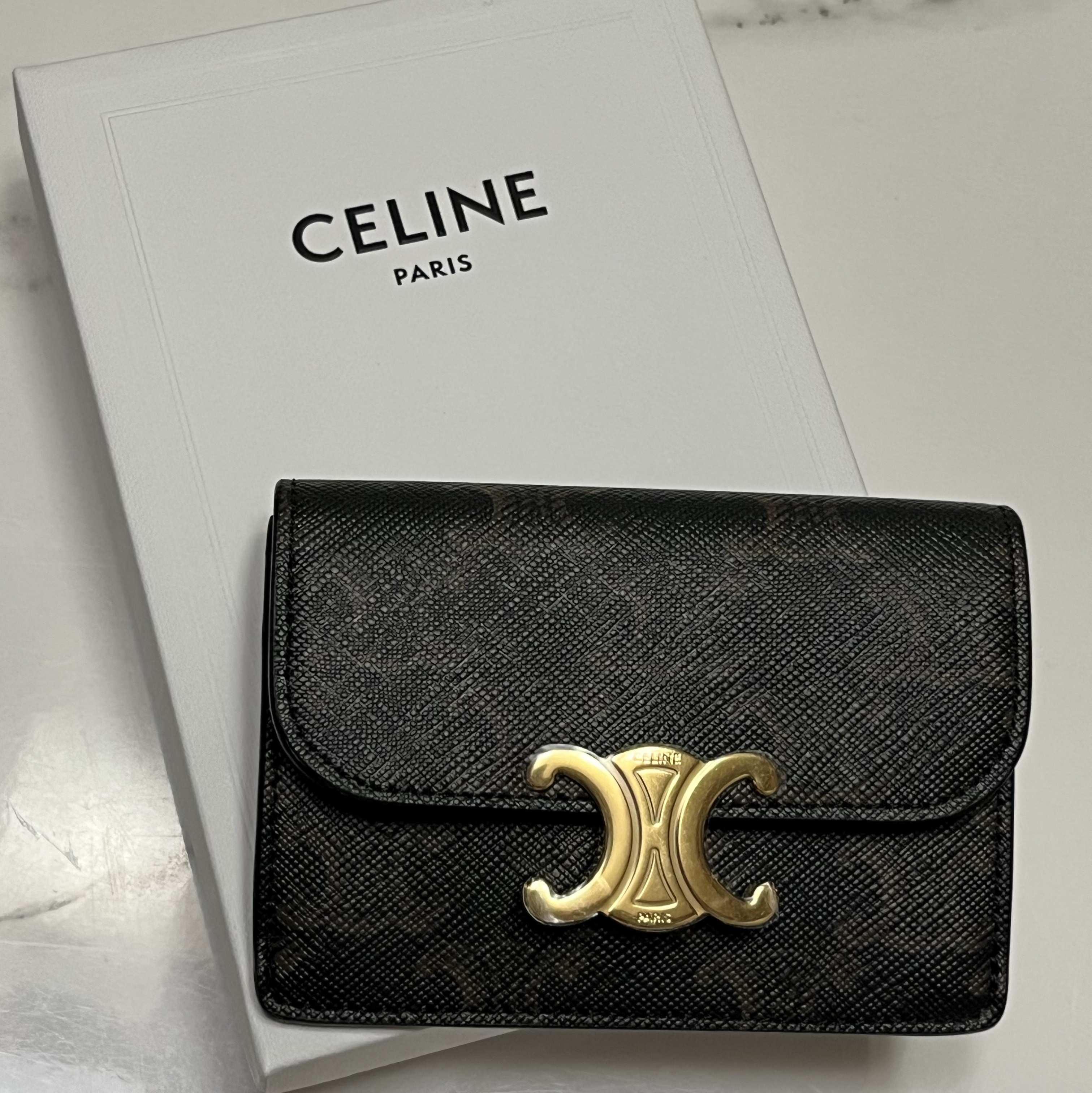 Celine Card Holder with Flap in Triomphe Canvas Tan 착용 스타일