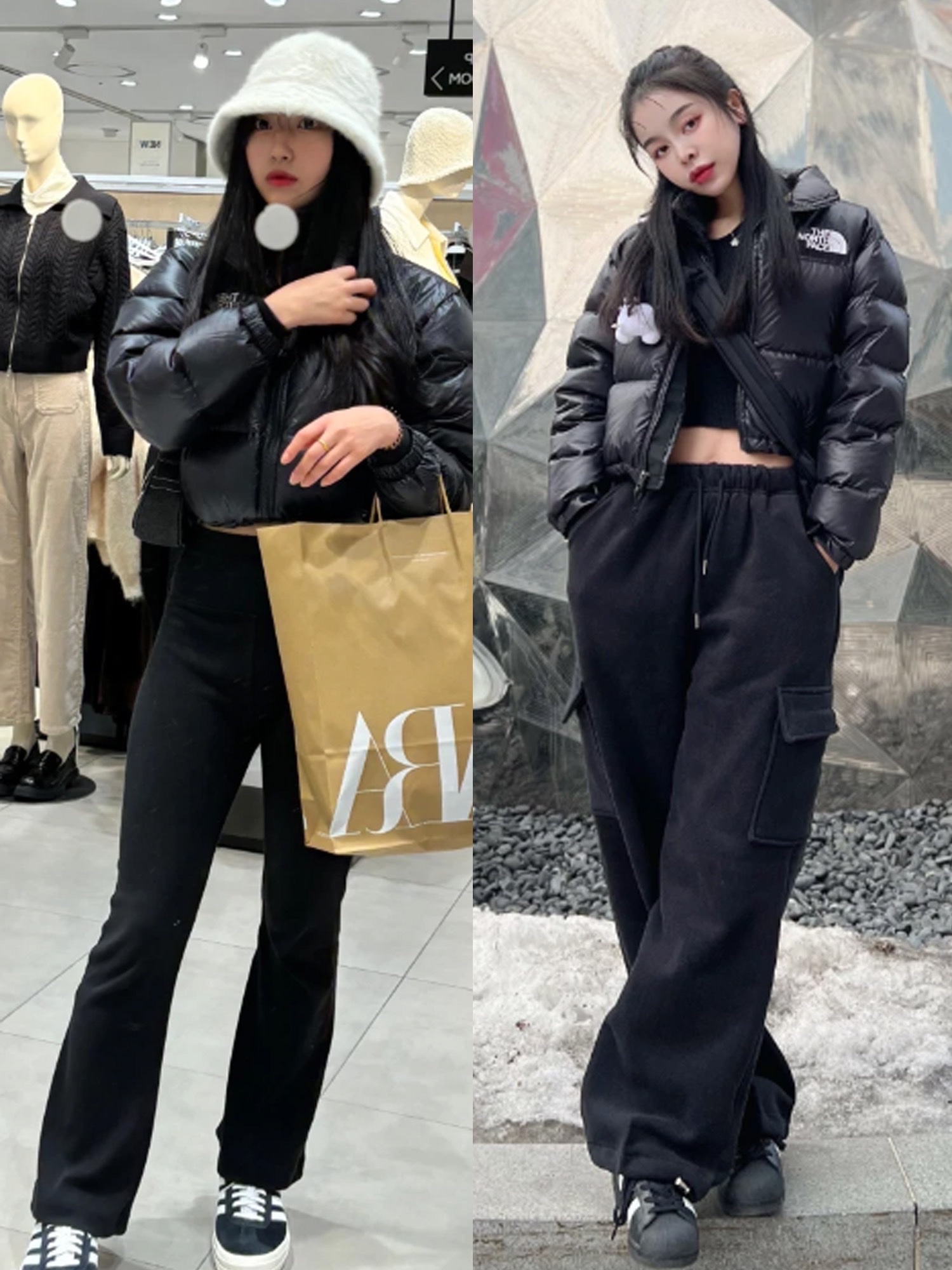 (W) The North Face Nuptse Short Jacket Black, Adidas Superstar Core Black White 착용 스타일 - 3