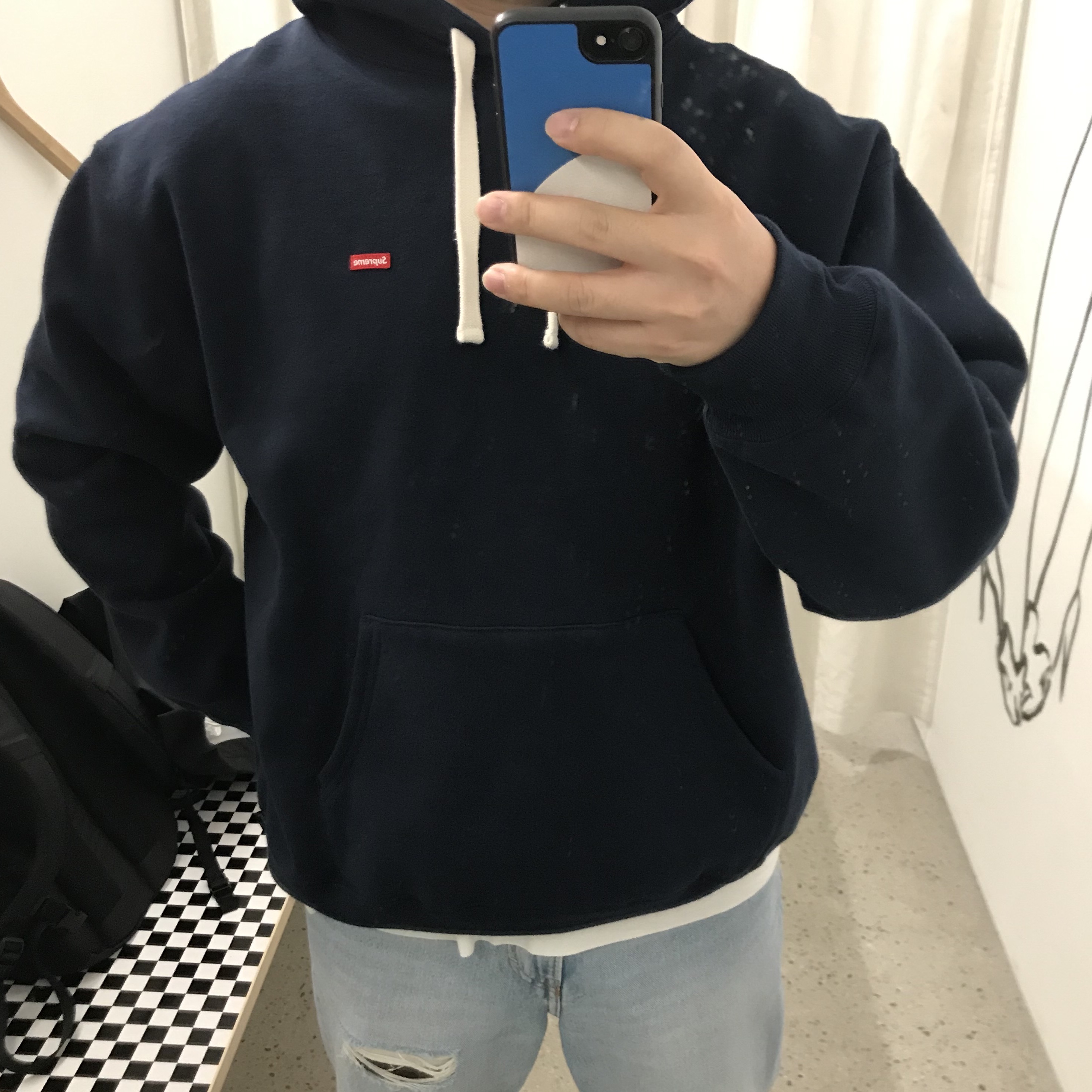 Supreme Small Box Drawcord Hooded Sweatshirt Navy - 23FW 착용 스타일