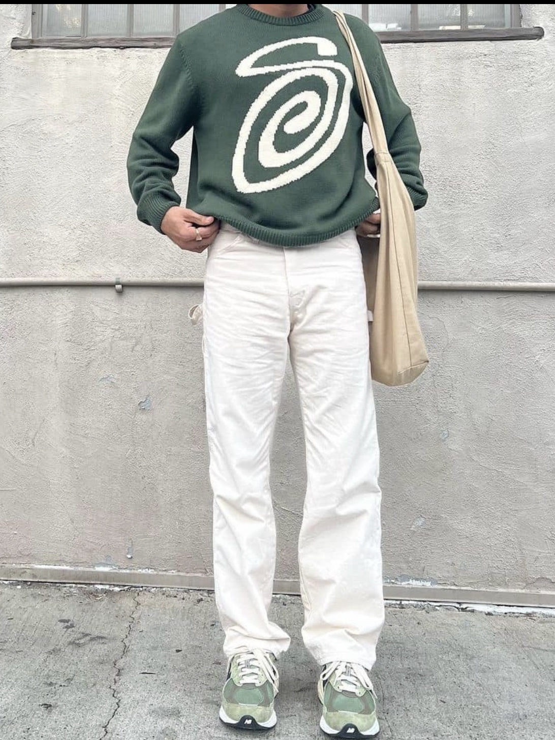 Stussy SS Link Varsity Jacket Black, Stussy Curly S Sweater Green 착용 스타일 - 3