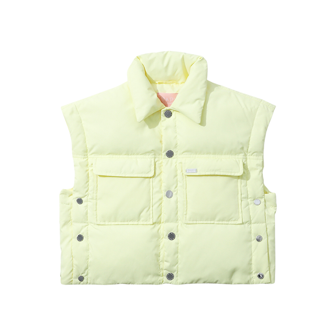 (W) BAPE Buttoned Cropped Down Vest Pastel Yellow 상세 이미지 1