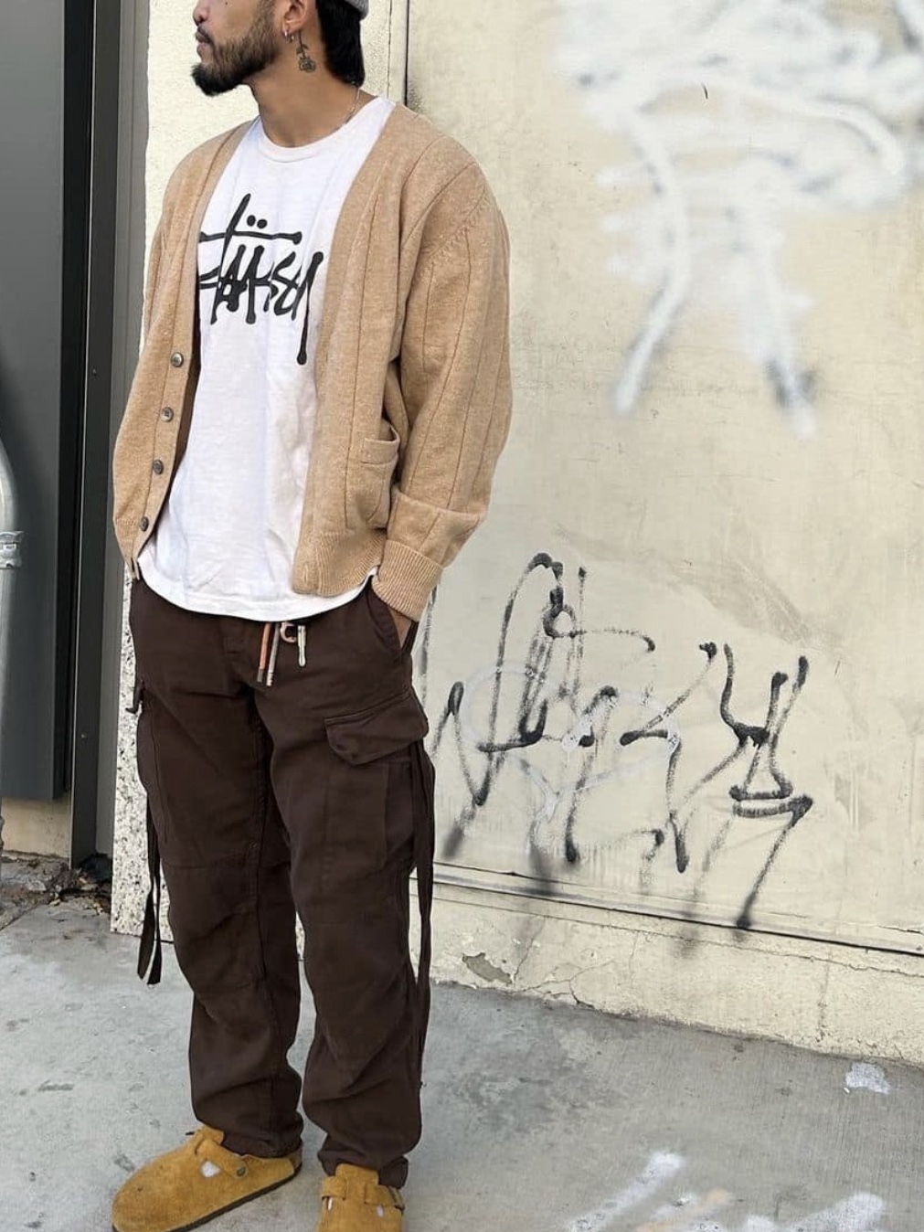 Stussy SS Link Varsity Jacket Black, Stussy Curly S Sweater Green 착용 스타일 - 4