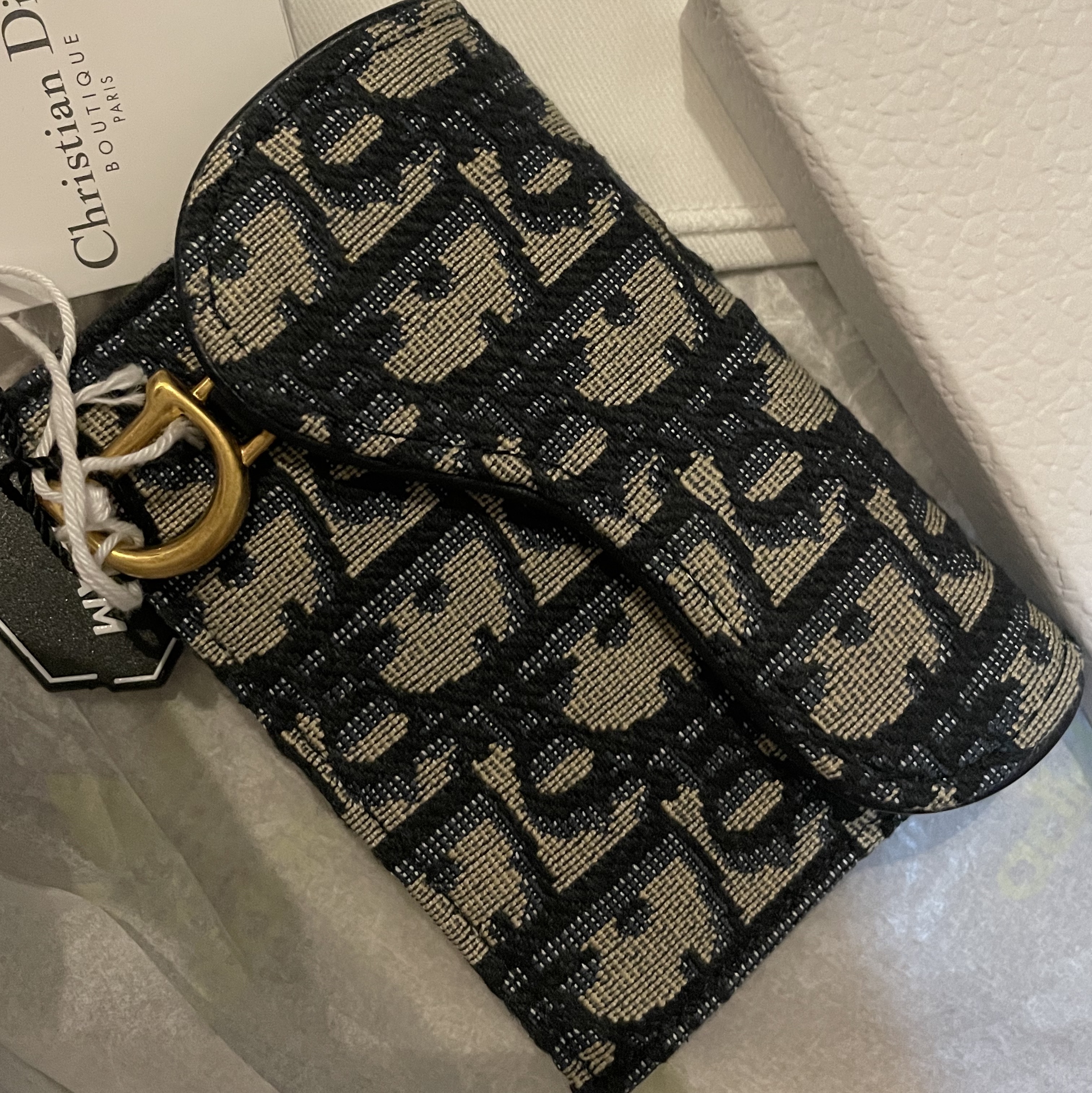 Dior Saddle Flap Card Holder Blue Dior Oblique Jacquard 착용 스타일