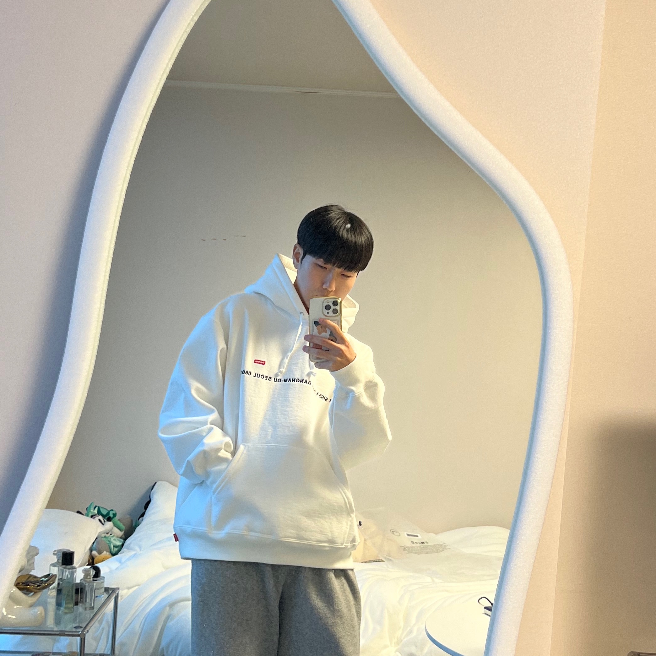 Supreme Seoul Shop Small Box Hooded Sweatshirt White - 23FW 착용 스타일