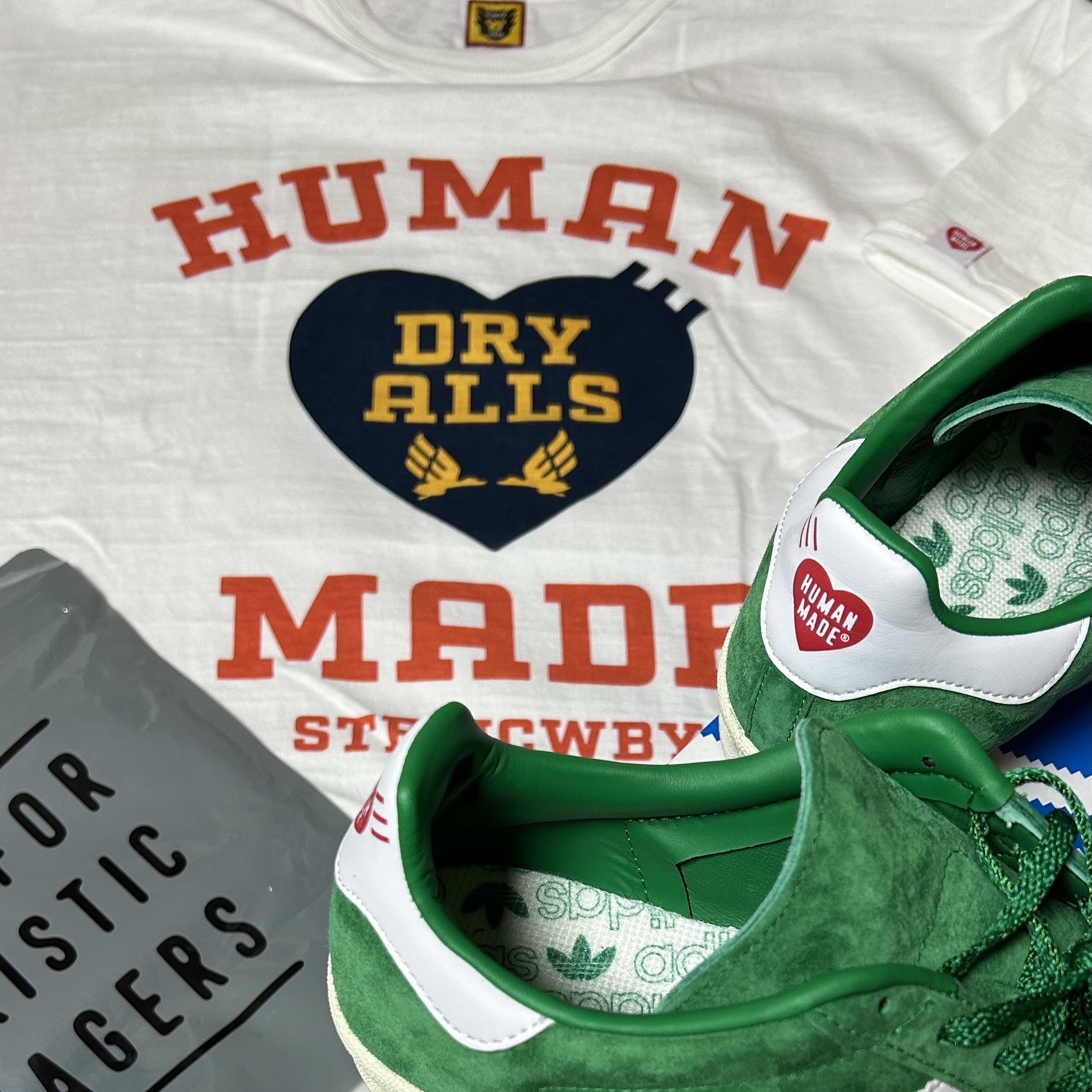 Adidas x Human Made Campus Green, Human Made Graphic T-Shirt #08 White 착용 스타일 - 1
