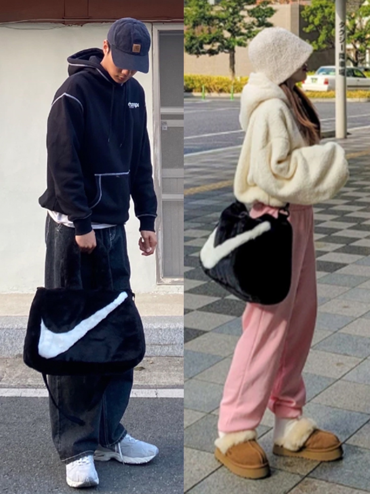 (Kids) Nike NSW Faux Fur Crossbody Bag Black, Nike NSW Faux Fur Tote Bag Black 착용 스타일 - 2