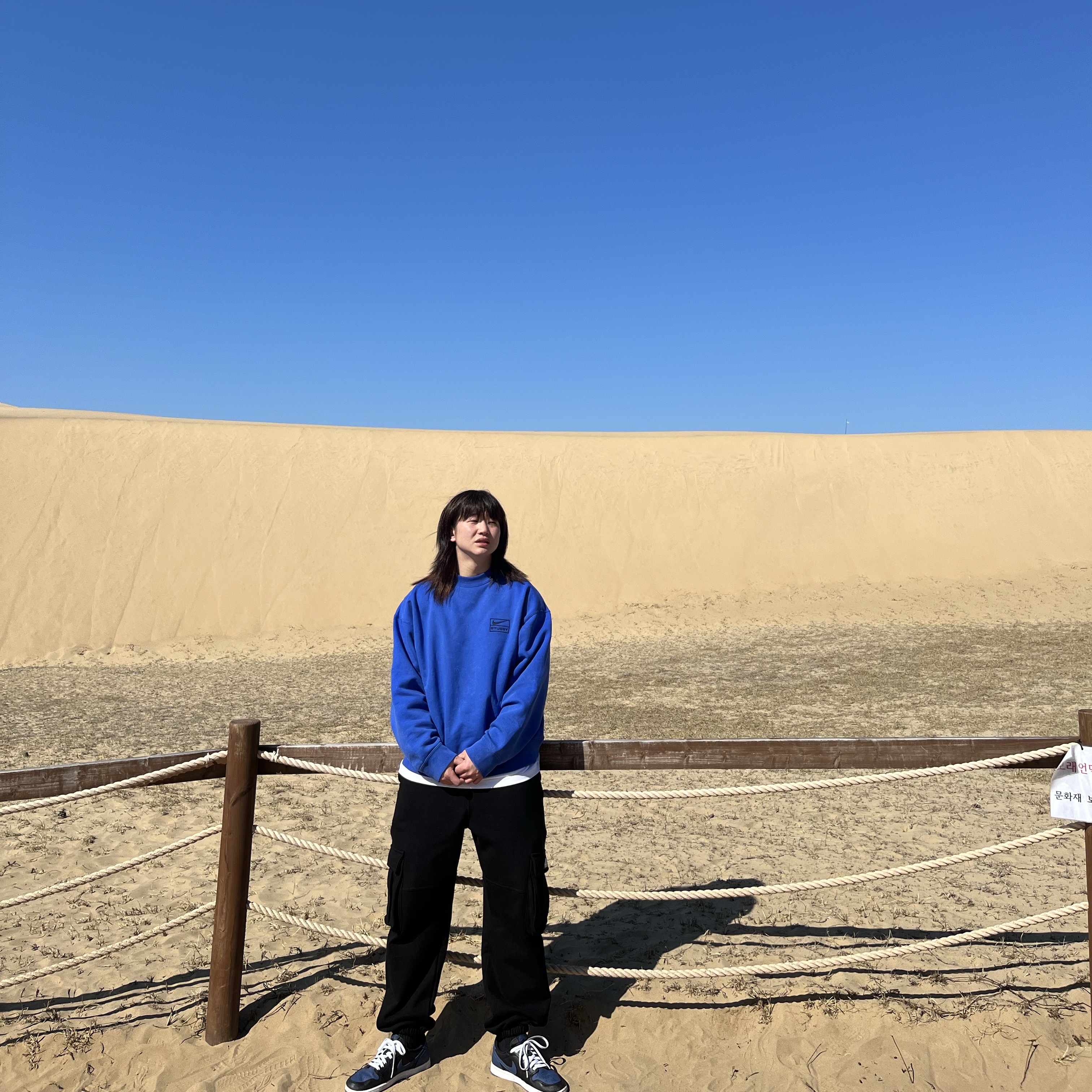 Nike x Stussy NRG Acid Washed Crewneck Game Royal (DR4024-480), Jordan 1 Retro Low OG Mystic Navy 착용 스타일
