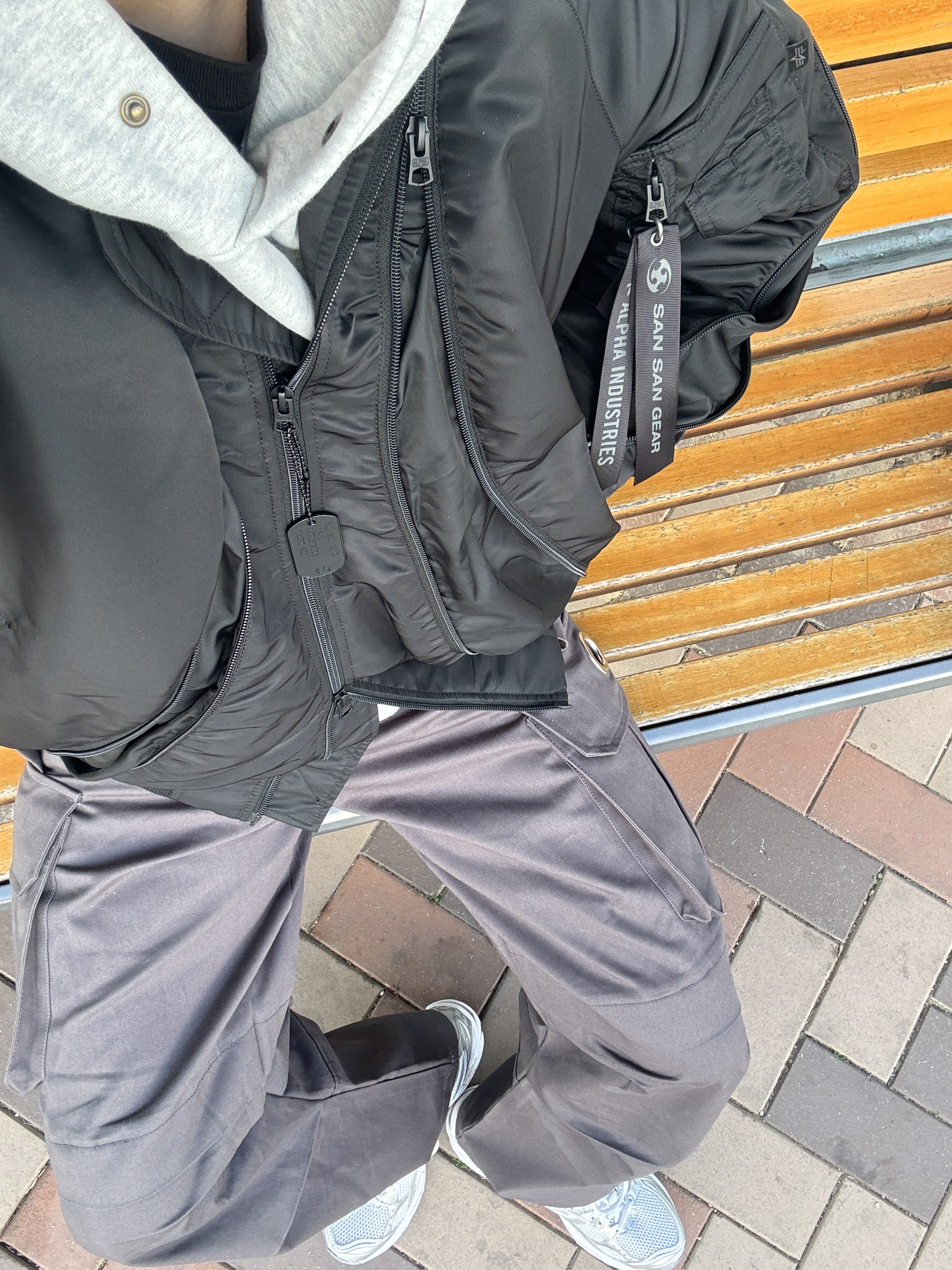 (W) Asics Gel-Kayano 14 White Moonrock, Sansan Gear x Alpha Industries MA-1 Flight Jacket Black - 23FW 착용 스타일 - 8