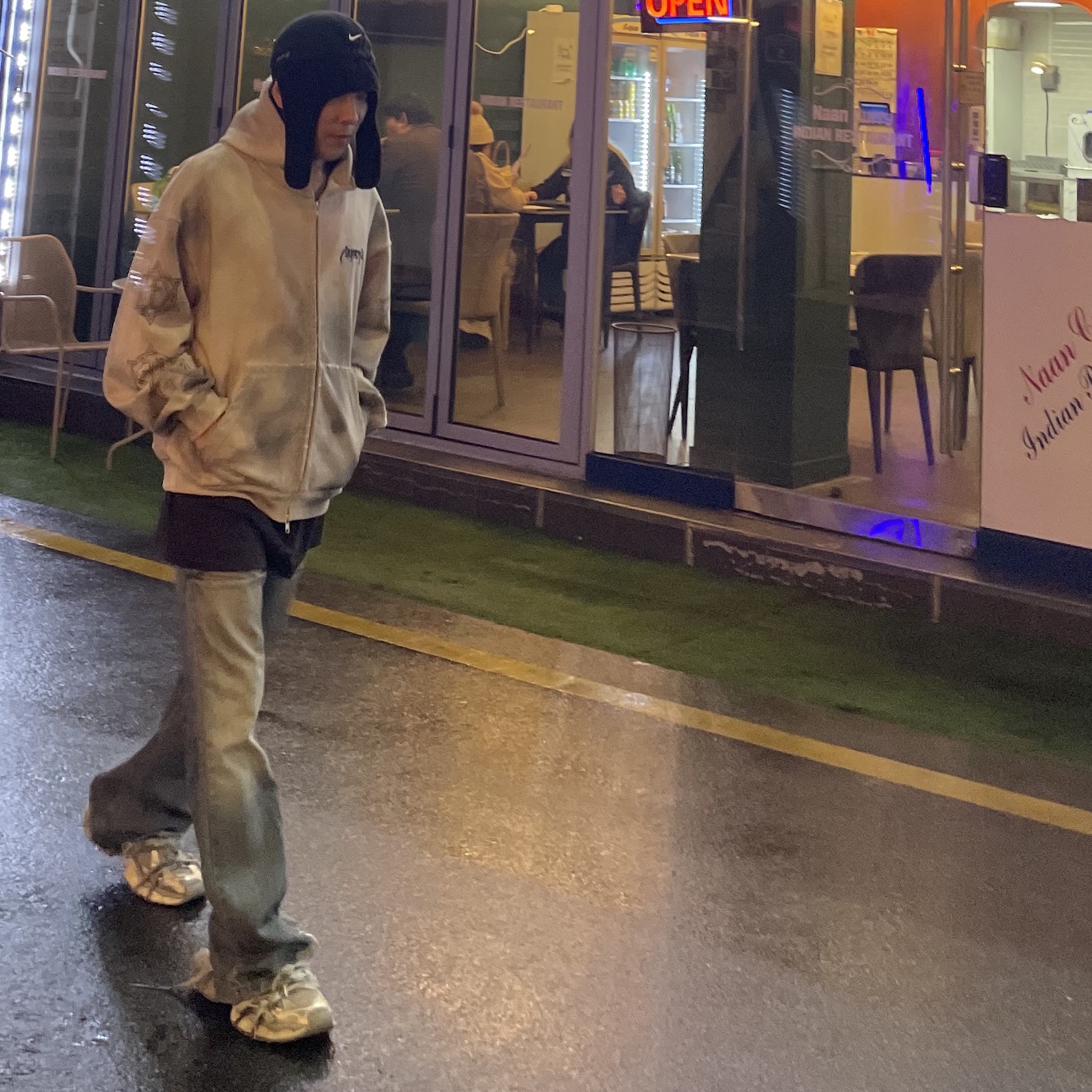 Project G/R Flare Jeans Blue, Project G/R Furious Logo Applique Zip Hoodie Grey - 10 Corso Como Exclusive 착용 스타일