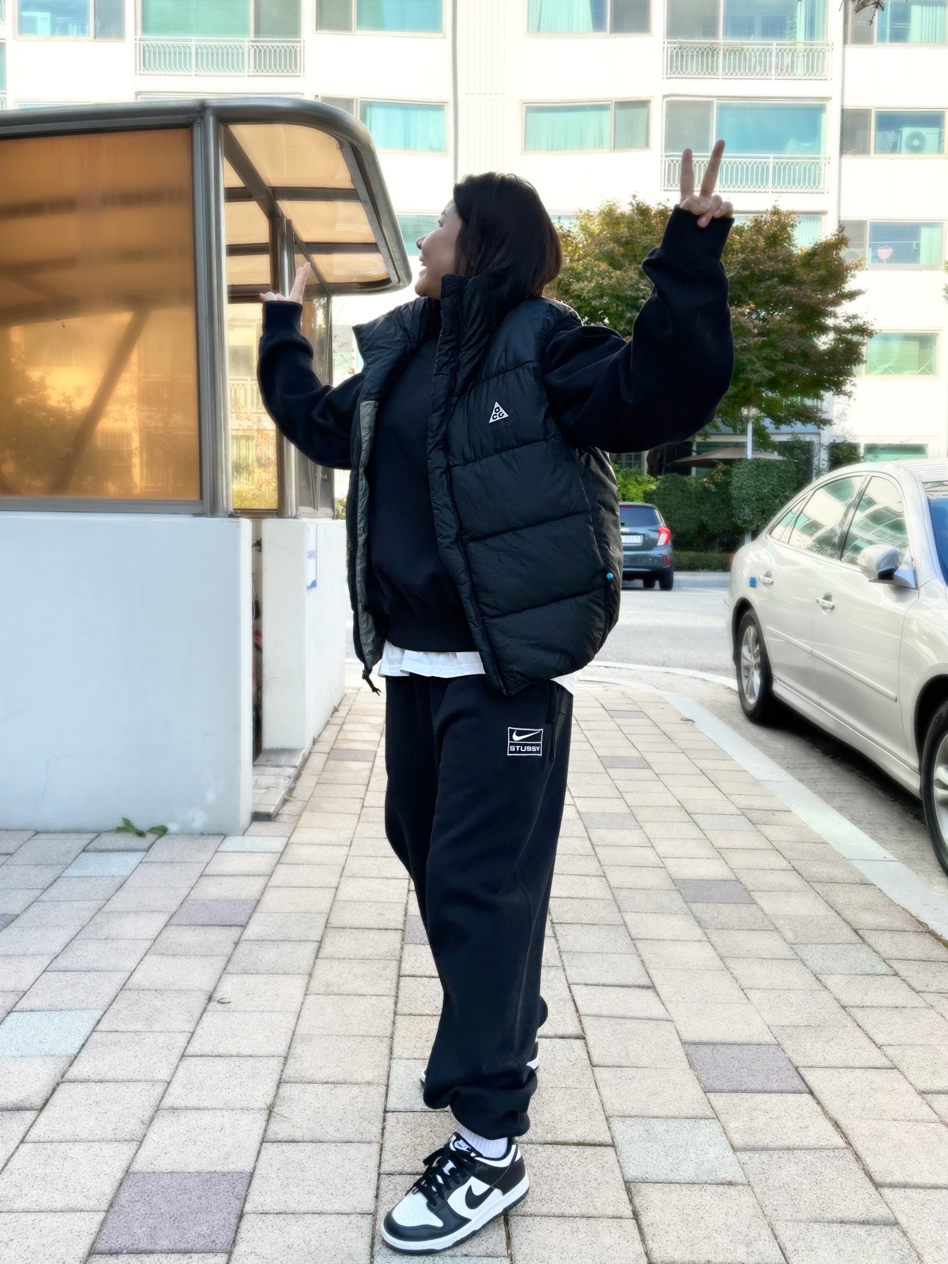 Nike ACG Therma-Fit ADV Lunar Lake Puffer Vest Black - Asia, Nike x Stussy NRG Washed Fleece Crewneck Black (DO5310-010) 착용 스타일