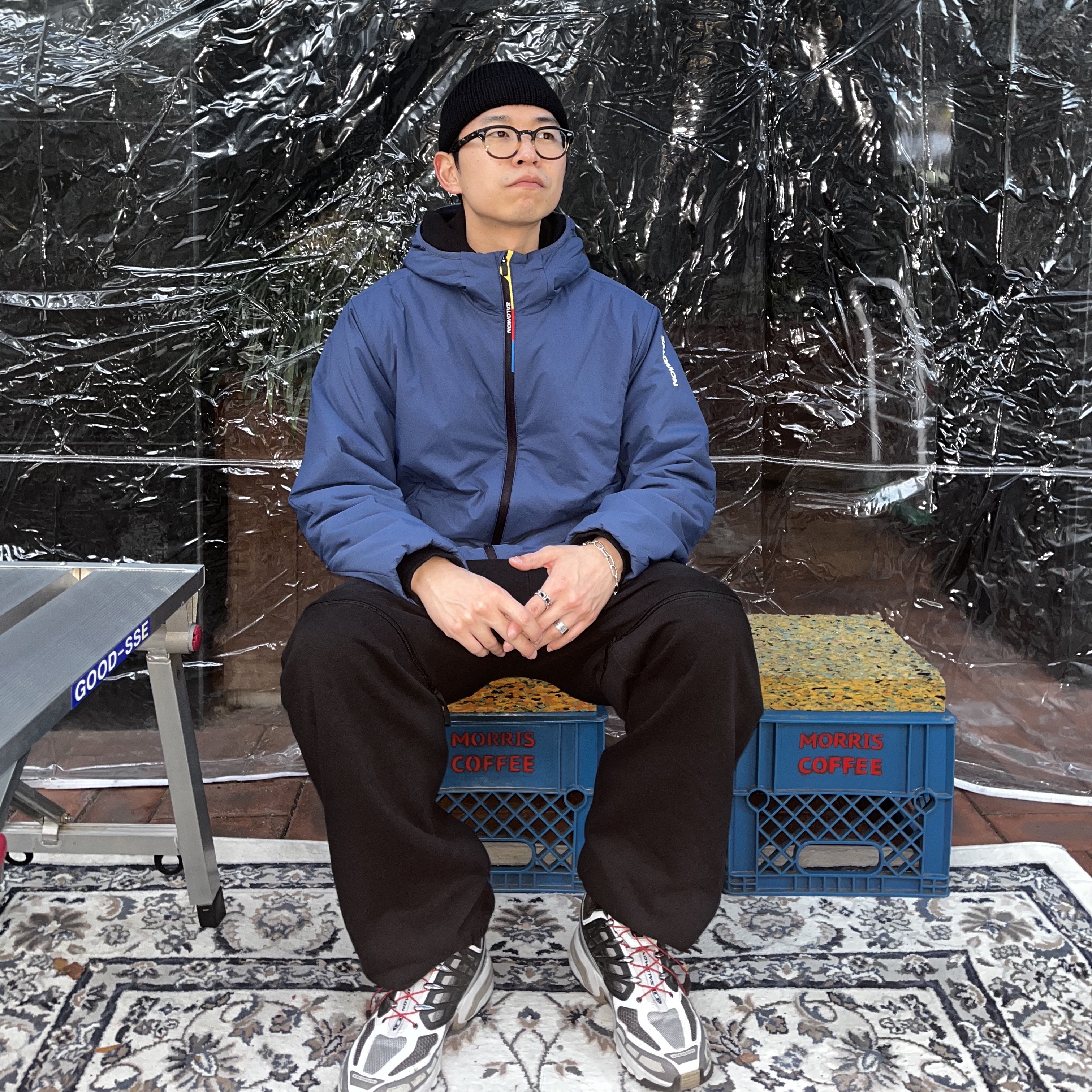 Salomon Modisay Jacket Dark Blue, Salomon XT-4 Black Silver Metallic 착용 스타일 - 4