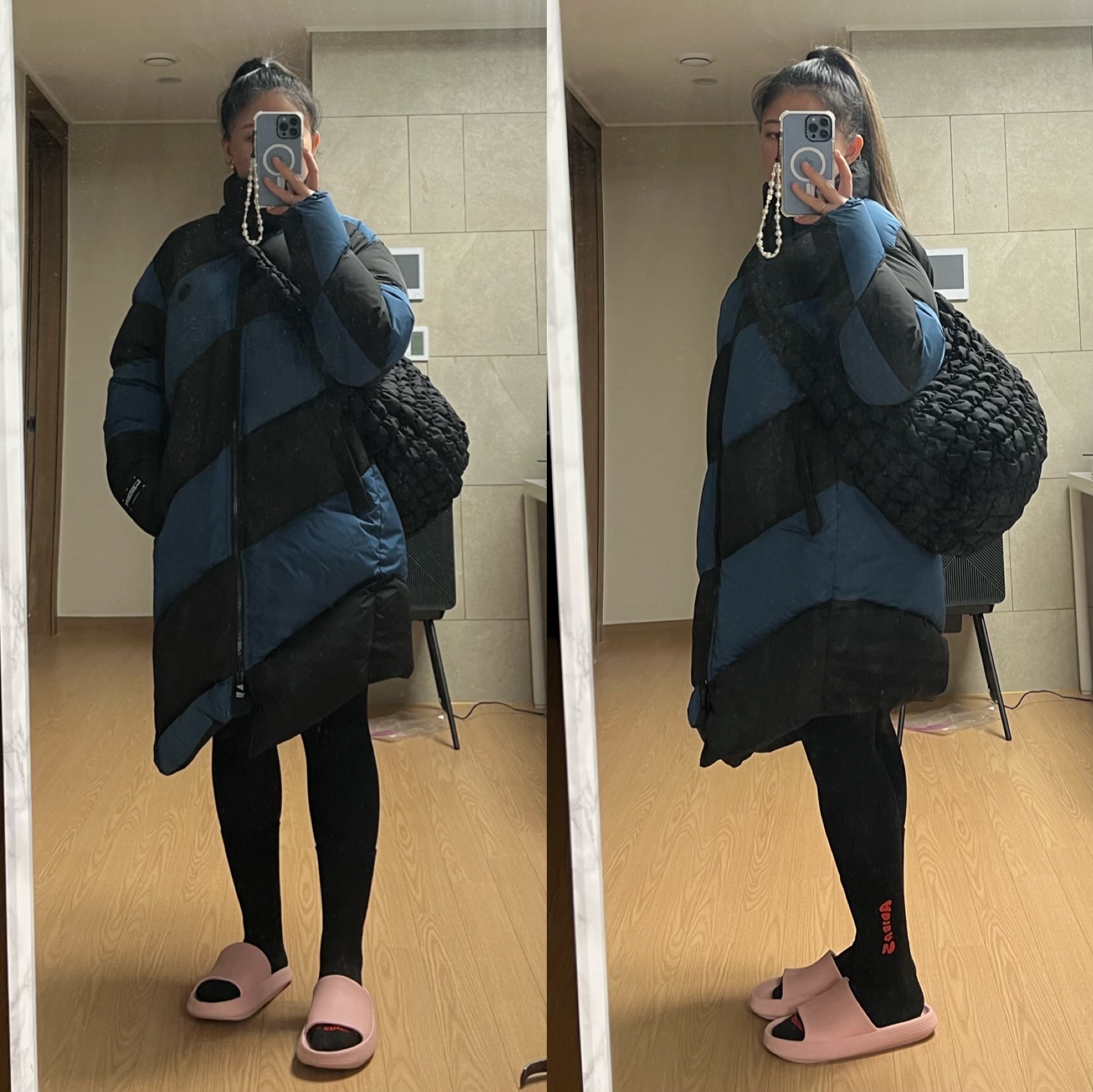 Zara x Ader Error Oversize Long Puffer Jacket Blue Black, COS Quilted Oversized Shoulder Bag Black 착용 스타일