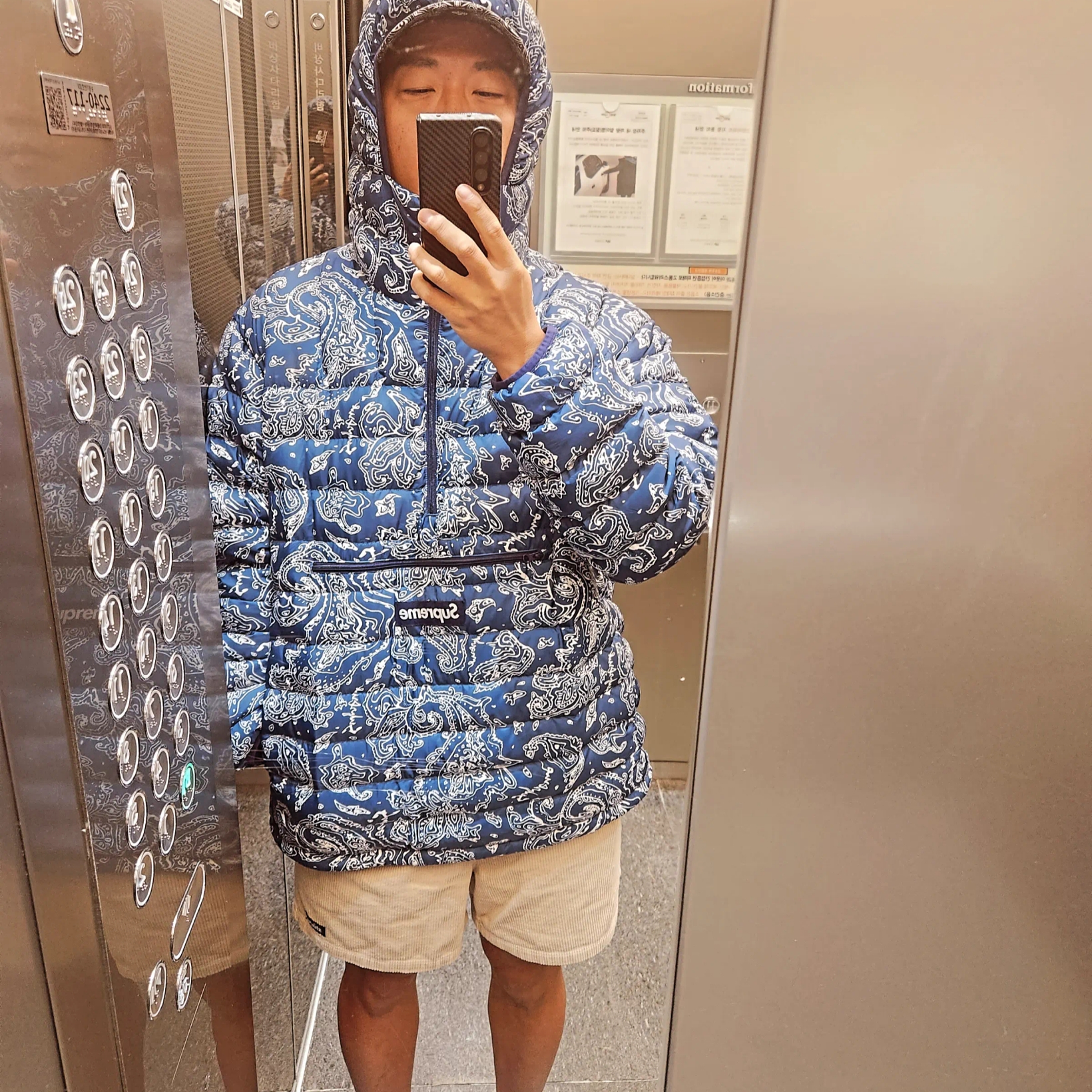 Supreme Micro Down Half Zip Hooded Pullover Blue Paisley - 22FW 착용 스타일