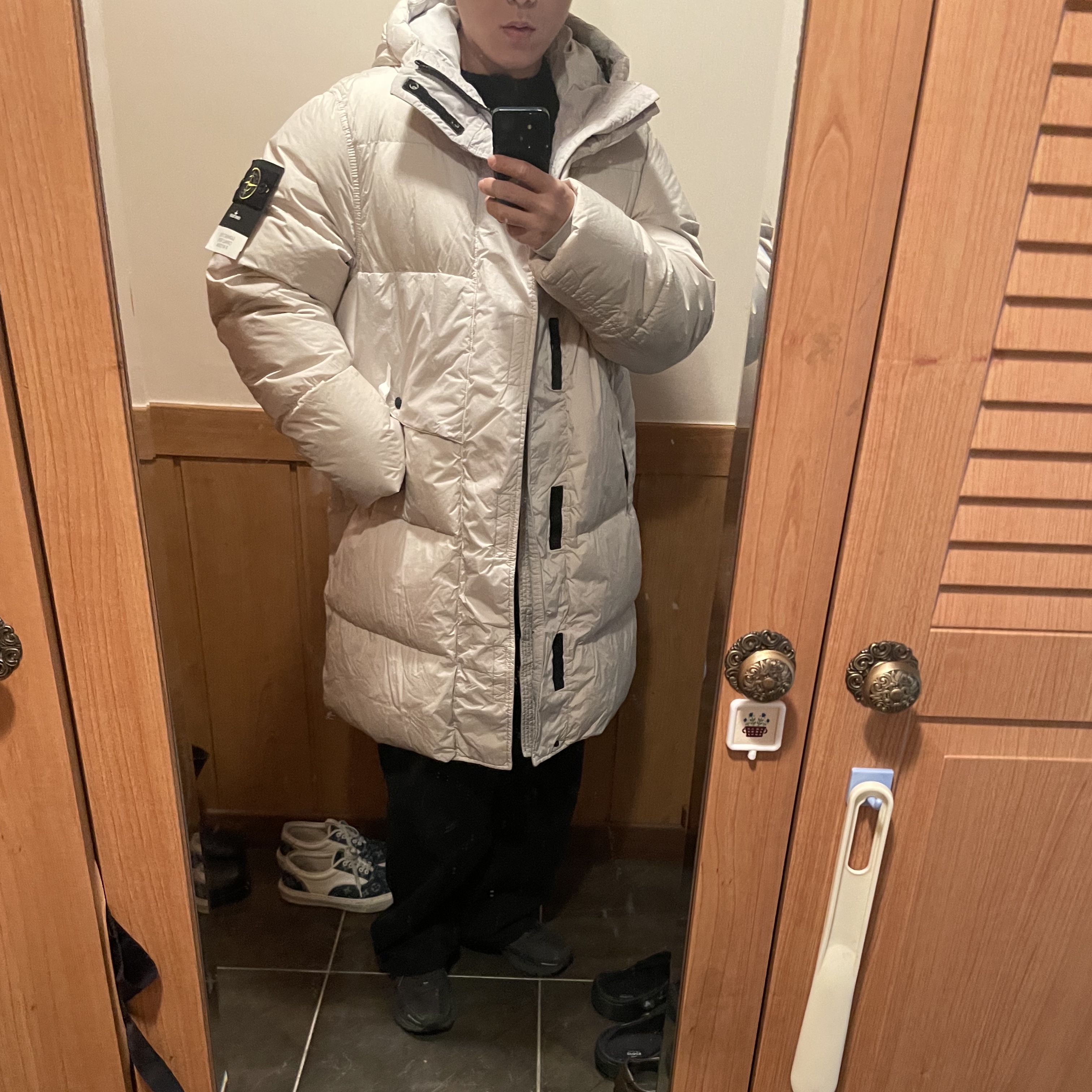 Stone Island 70323 Garment Dyed Crinkle Reps Recycled Nylon Down Stucco - 23FW 착용 스타일
