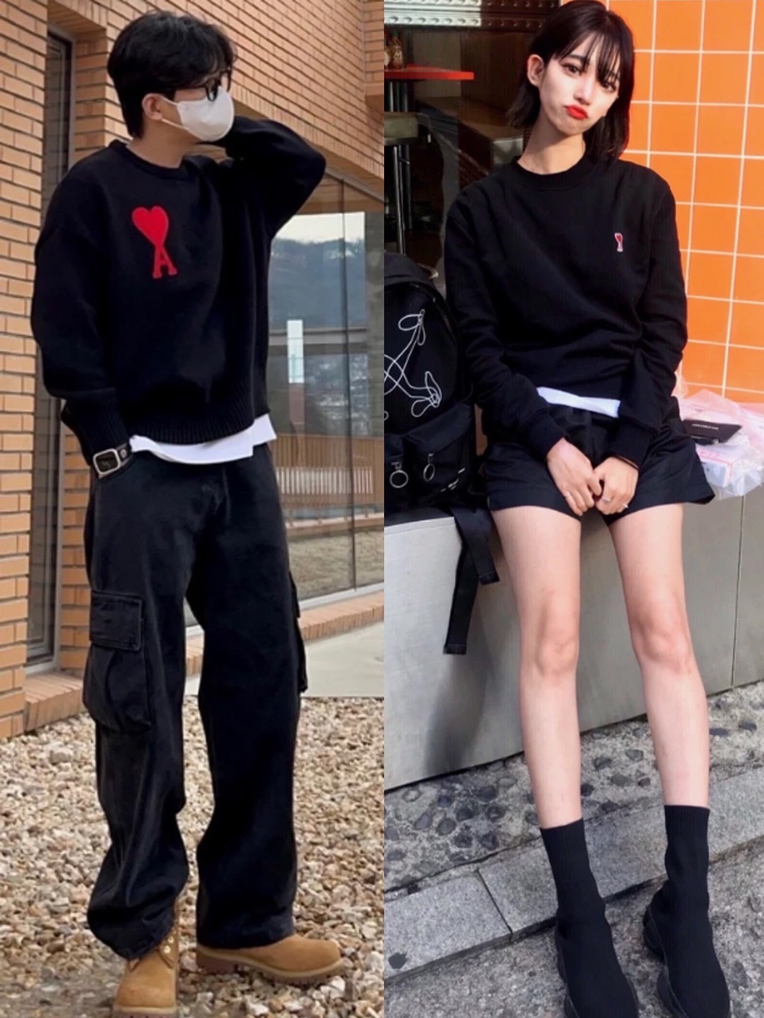 AMI de Coeur Sweatshirt Black, AMI de Coeur Oversize Intarsia Sweater Black Red 착용 스타일 - 2