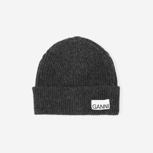 Ganni Fitted Rib Knit Wool Beanie Dark Grey Phantom