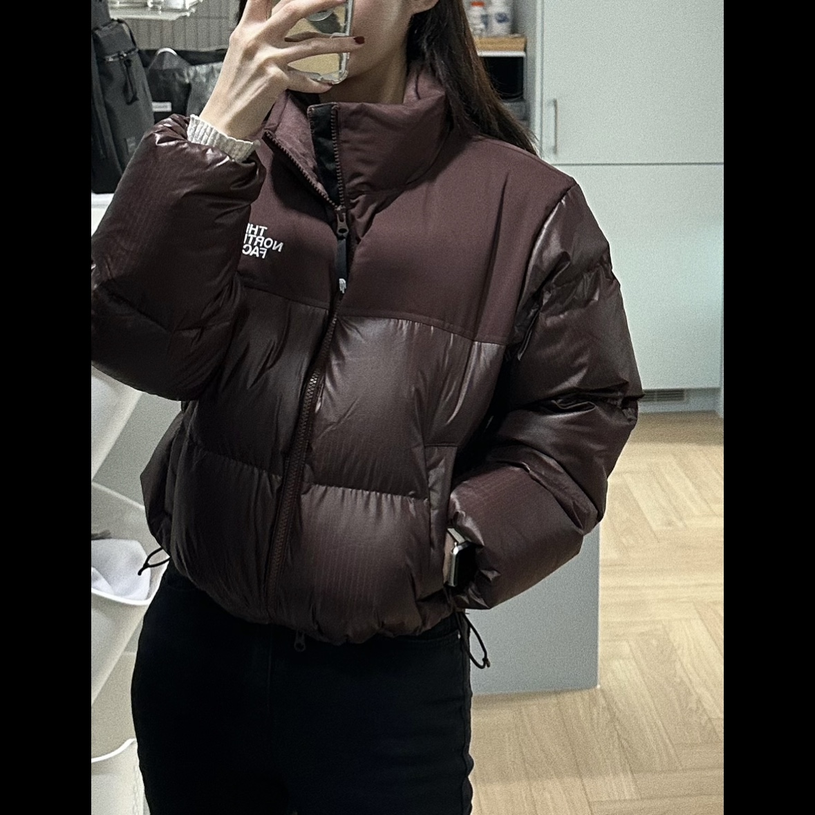 (W) The North Face White Label Novelty Nuptse Down Jacket Cocoa Brown 착용 스타일