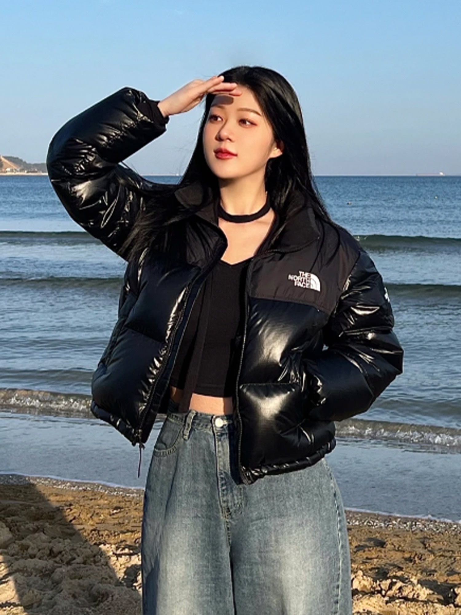 (W) The North Face White Label Novelty Nuptse Down Jacket SP Real Black, (W) The North Face Nuptse Short Jacket TNF Black 착용 스타일 - 4
