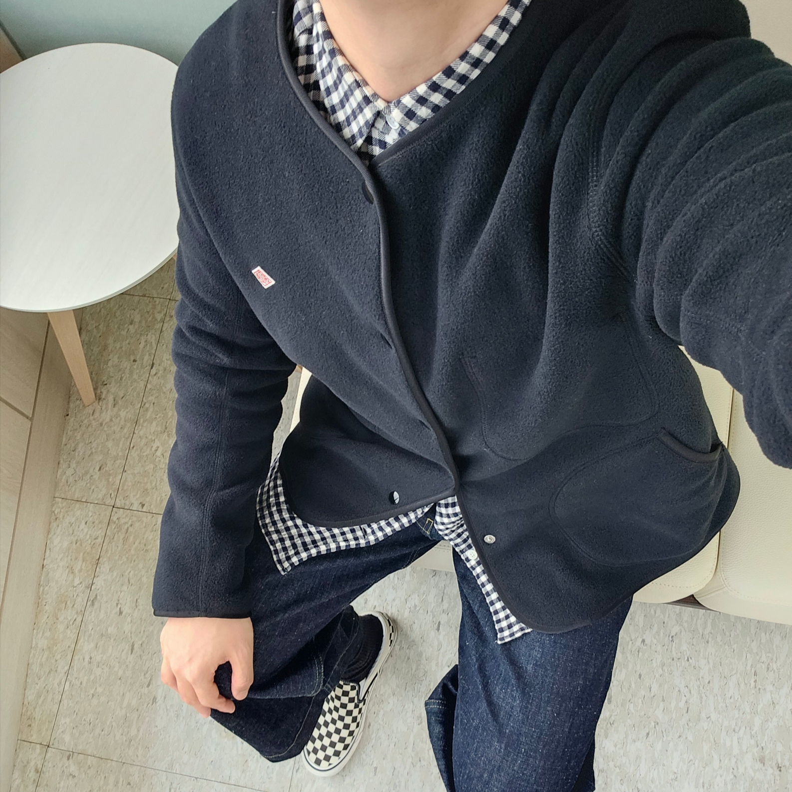 Vans Slip-On 98 DX Anaheim Factory Classic Checkerboard, (W) Danton Insulation Collarless Jacket Black 착용 스타일 - 3