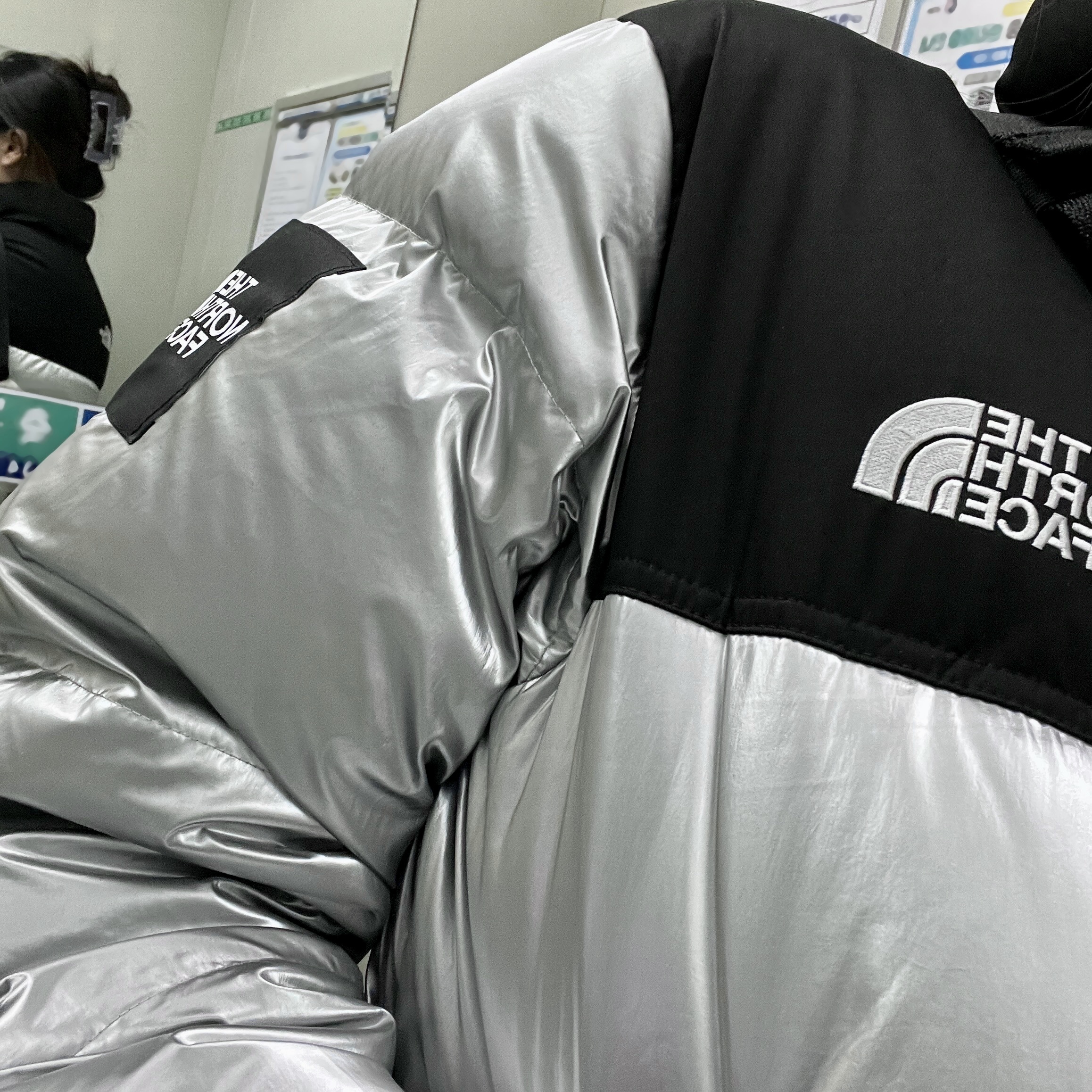 (W) The North Face White Label Novelty Nuptse Down Jacket Silver 착용 스타일
