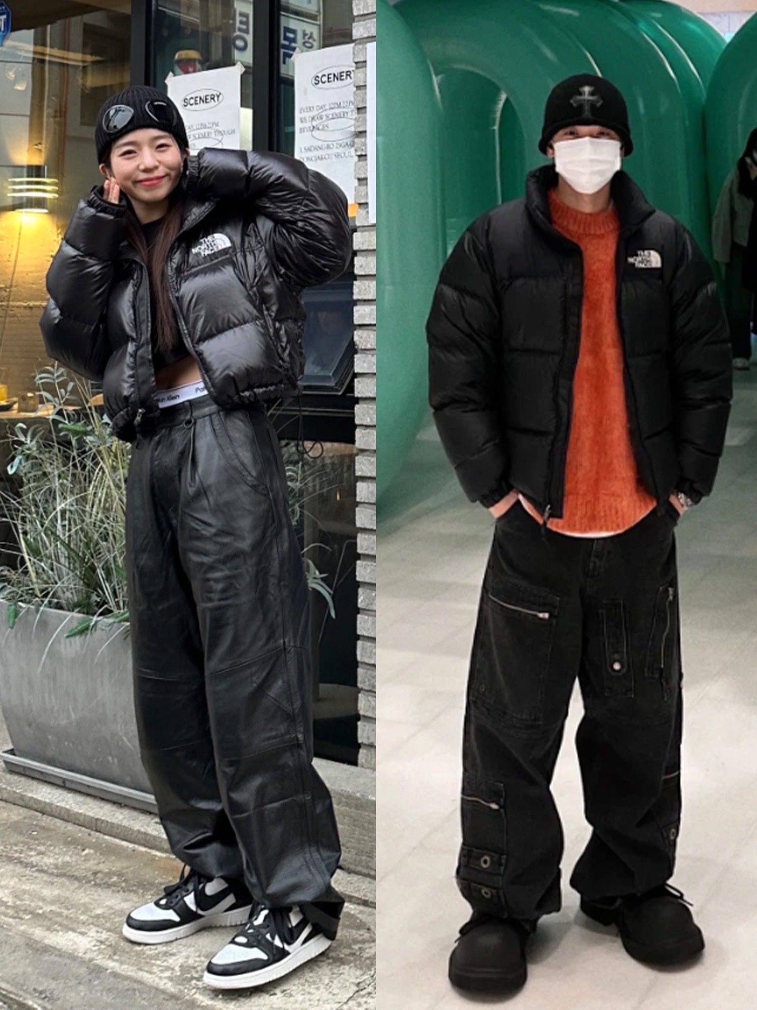 (W) The North Face White Label Novelty Nuptse Down Jacket SP Real Black, (W) The North Face Nuptse Short Jacket TNF Black 착용 스타일 - 2