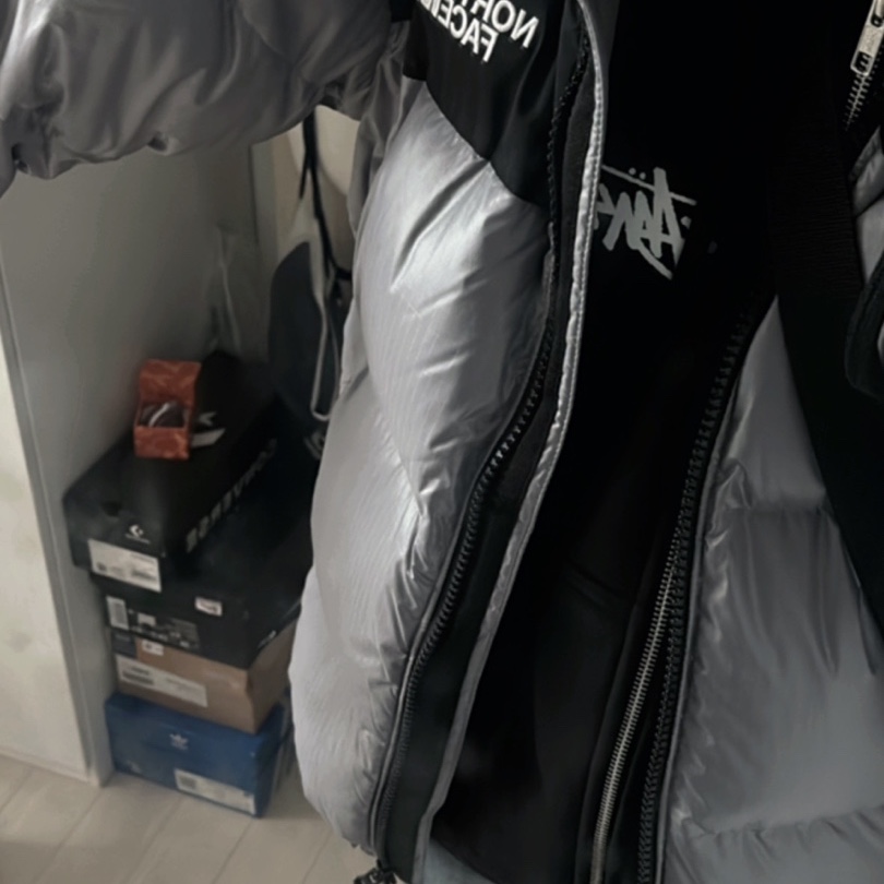 The North Face White Label Novelty Nuptse Down Jacket Heather Gray 착용 스타일